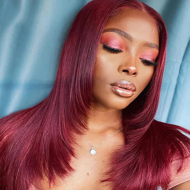 Buy 2 Human Hair Wigs for $169 - Layered Cut Burgundy Straight 4x4 Lace Wig with Free Curly 4x4 Bob Wig | Perfect for Daily Wear, Parties & Special Occasions