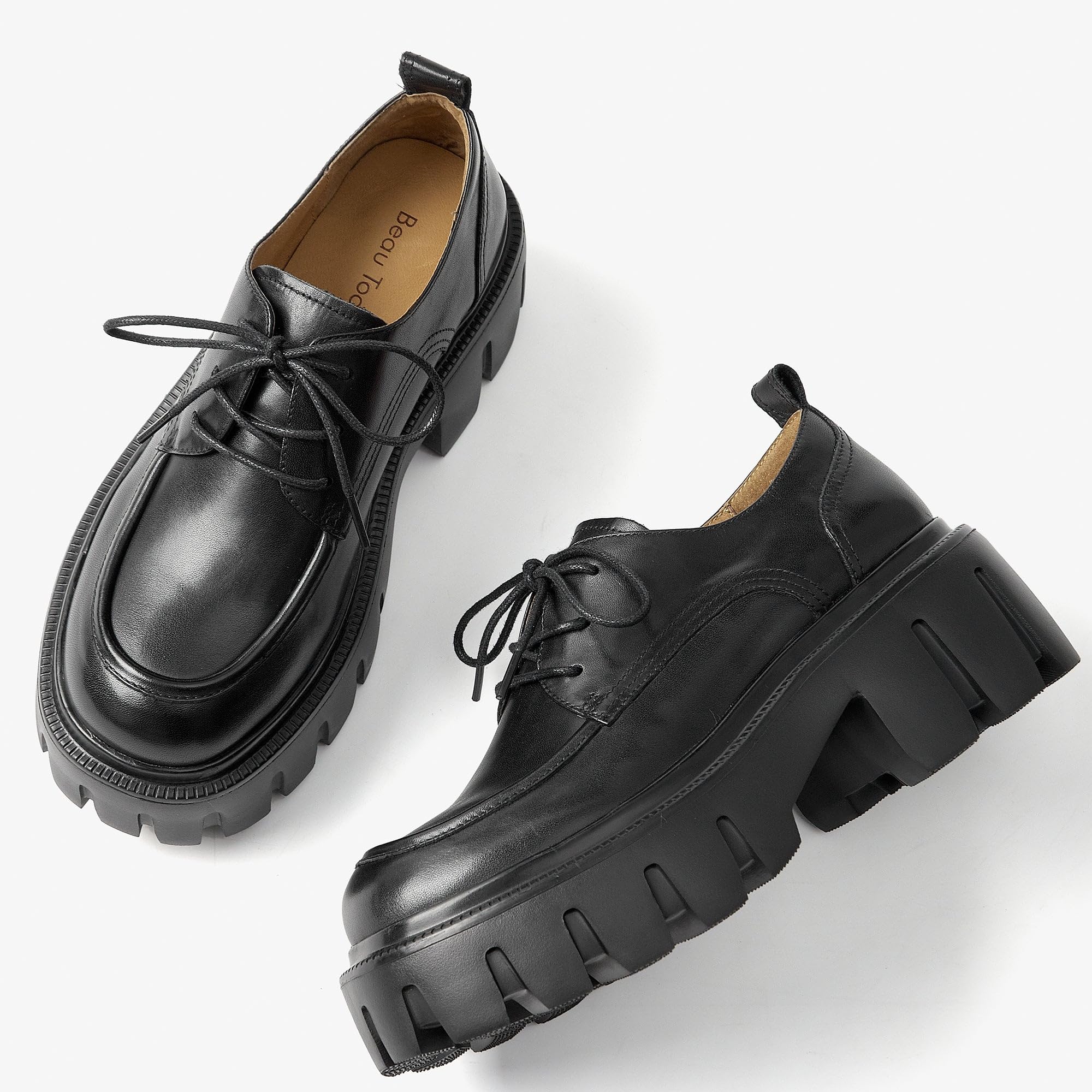 BEAU TODAY Women's Chunky Leather Lace-Up Oxford Shoes - Comfortable Platform Dress Shoes for Business, Office & Casual Wear | Perfect for Work, Daily Outfits & Professional Occasions
