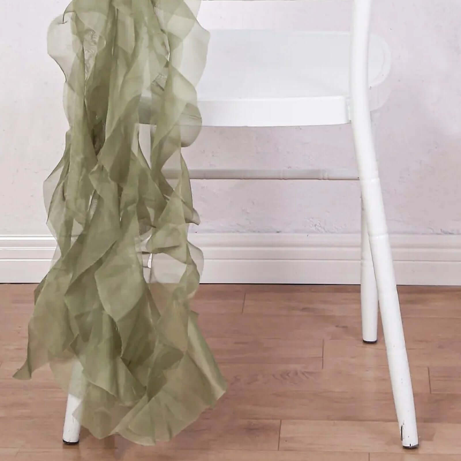 1 Set Chiffon Hoods Chair Sashes with Willow Ruffles Design - Dusty Sage Green Chair Bow Decor for Wedding, Party & Home Decoration