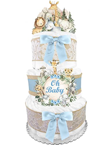 Baby Shower Gift for Boys - Safari Diaper Cake with Burlap & Blue Decor | Unique Newborn Present for Jungle Theme Nursery & Gender Reveal Parties