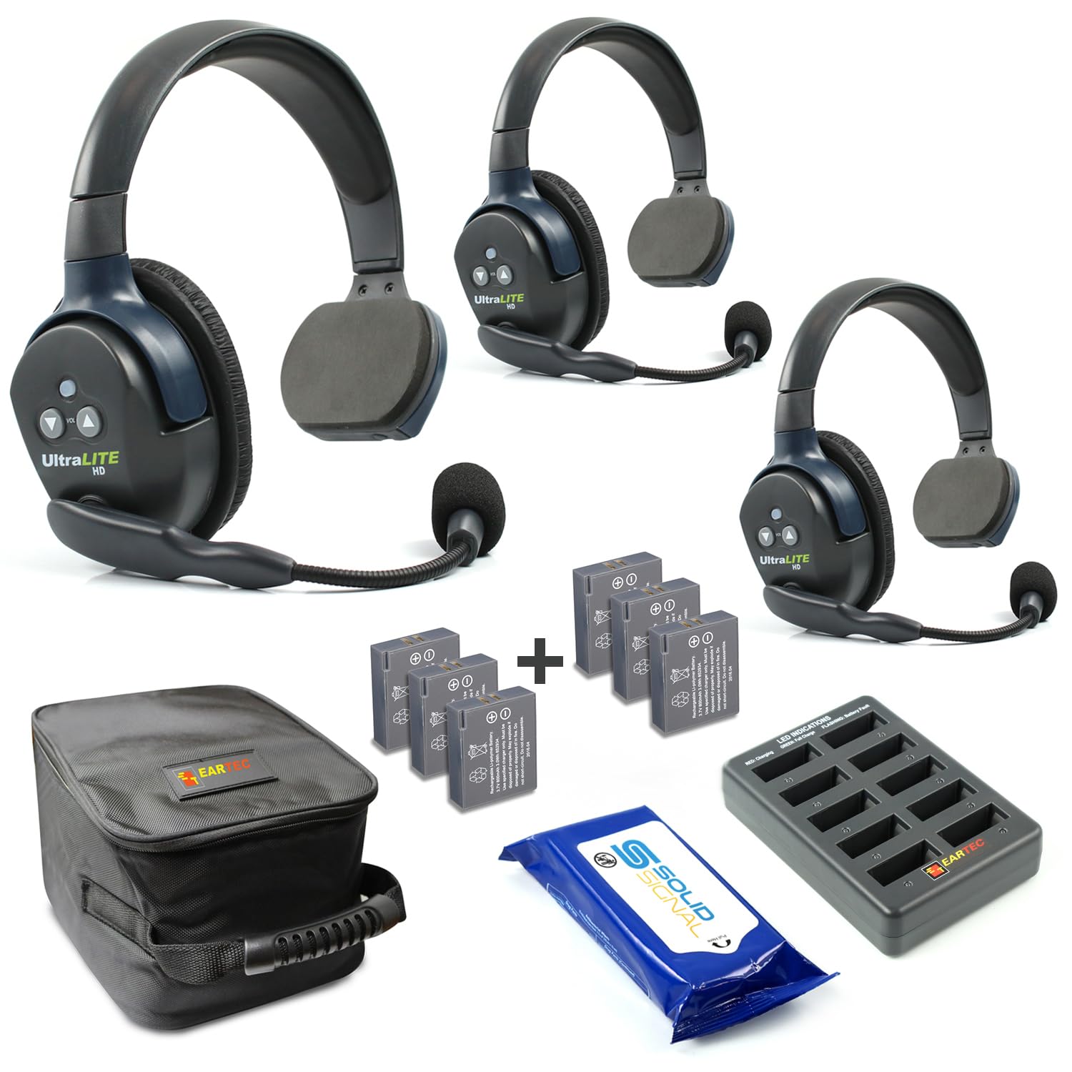 Eartec UL3S Ultralite Full Duplex Wireless Headset System for 3 Users - 3 Single Ear Headsets with Extra Batteries & Cleaning Wipes | Perfect for Construction, Event Staff & Warehouse Communication