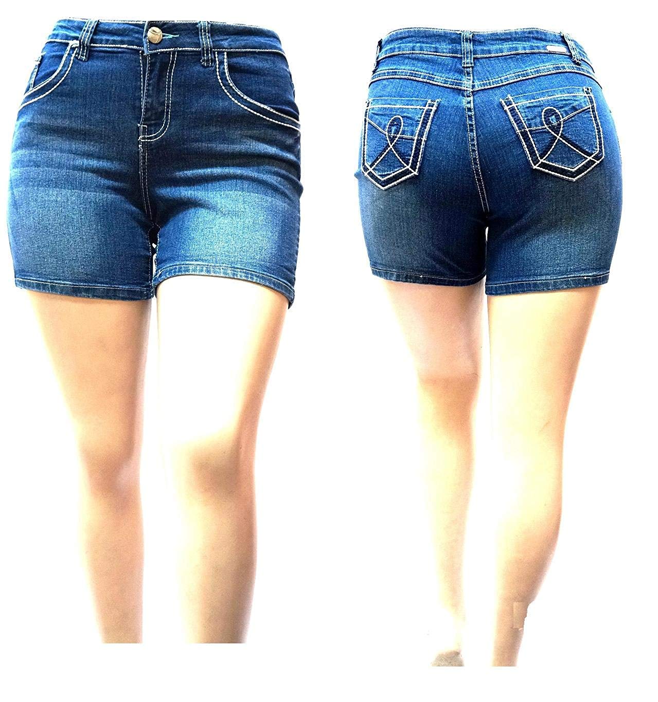 Jack David Women's Plus Size Stretch Denim Shorts - Blue Black Washed High Waist Comfort Fit for Casual Outings & Summer Fashion