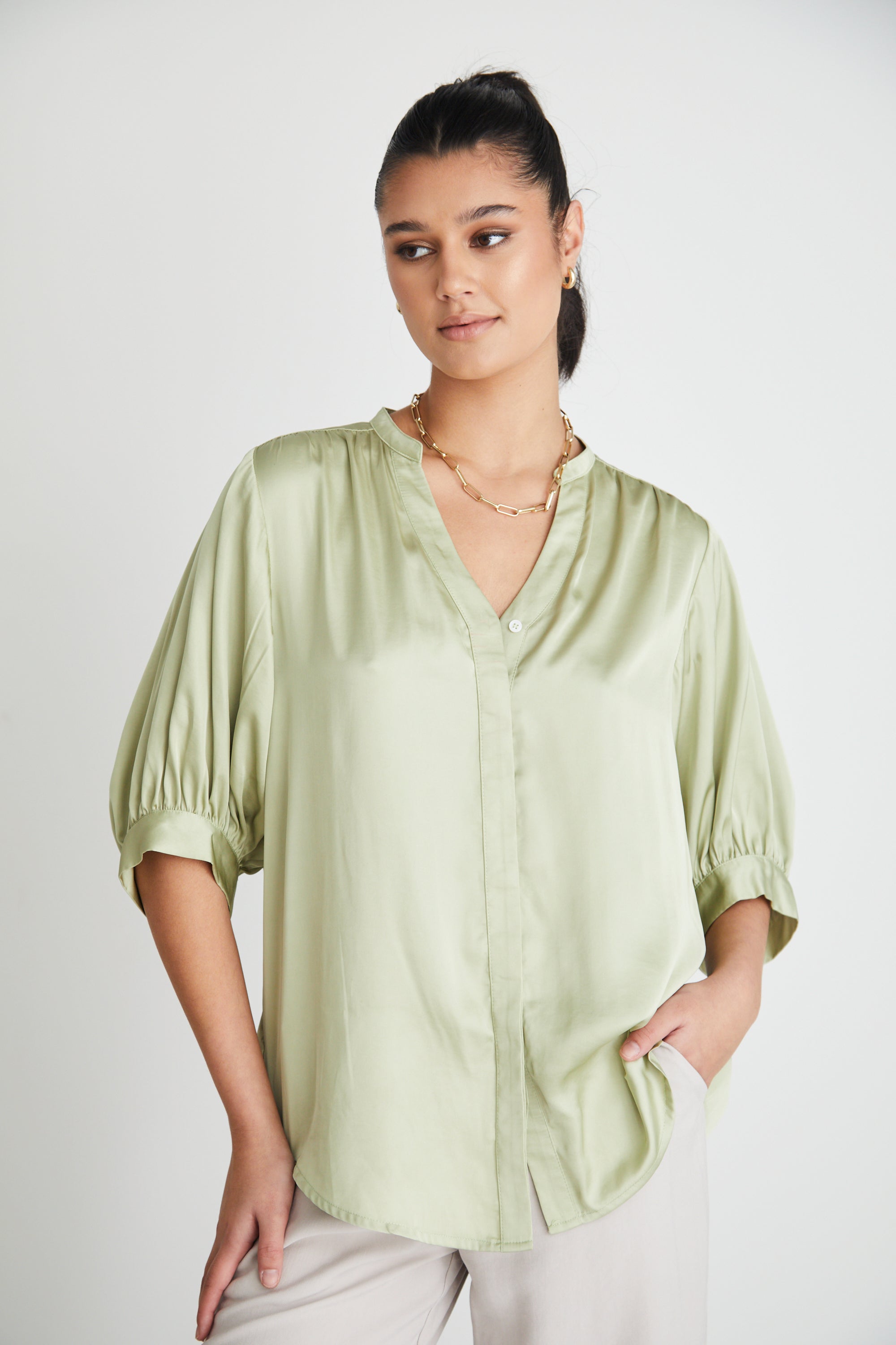 Deity Sage Satin Button-Down Blouse with Puff Sleeves - Elegant Women's Short Sleeve Top for Office, Date Night & Summer Outfits