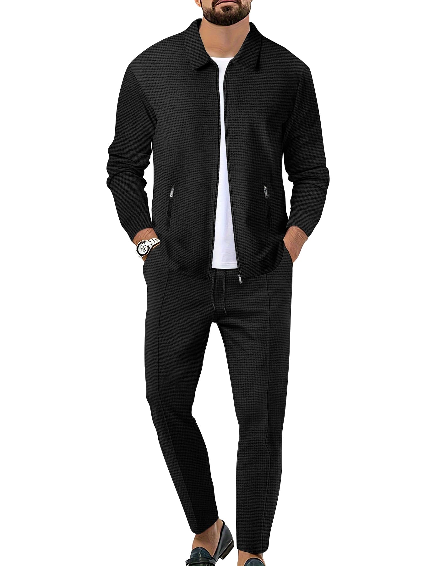 Men's Waffle Knit Tracksuit Set - 2 Piece Long Sleeve Zip Up Hoodie & Jogger Pants - Breathable Athletic Jogging Suit for Gym, Running & Casual Wear