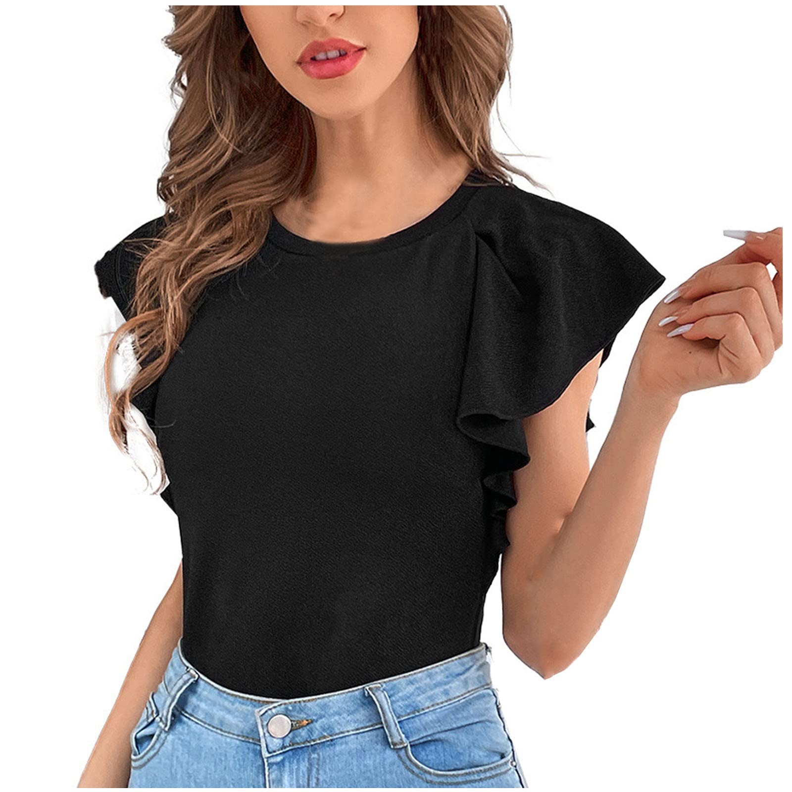 Women's Summer Fitted Tops - Ruffle Short Sleeve Crew Neck T-Shirt | Solid Color Dressy Tunic Tee | Casual Comfortable Blouse for Work, Date Night & Vacation | Breathable Summer Shirts for Women