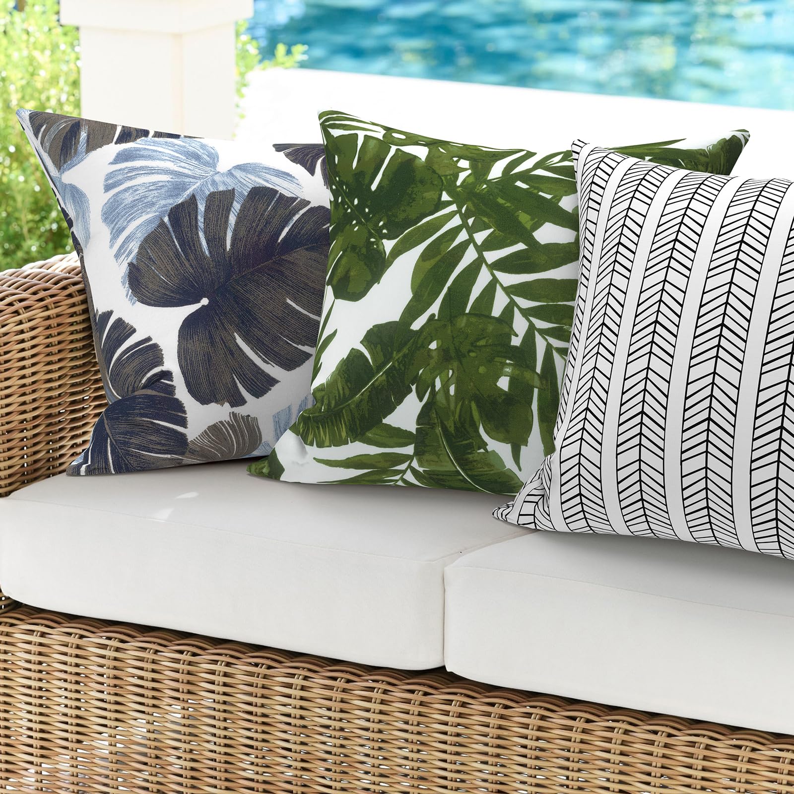 2 Pack Waterproof Outdoor Throw Pillows with Inserts - 18x18 Inch Square Decorative Cushions for Patio, Sofa, Bench & Garden Furniture (Monstera Blue) - Perfect for Backyard Lounging, Poolside Relaxation & Outdoor Decor