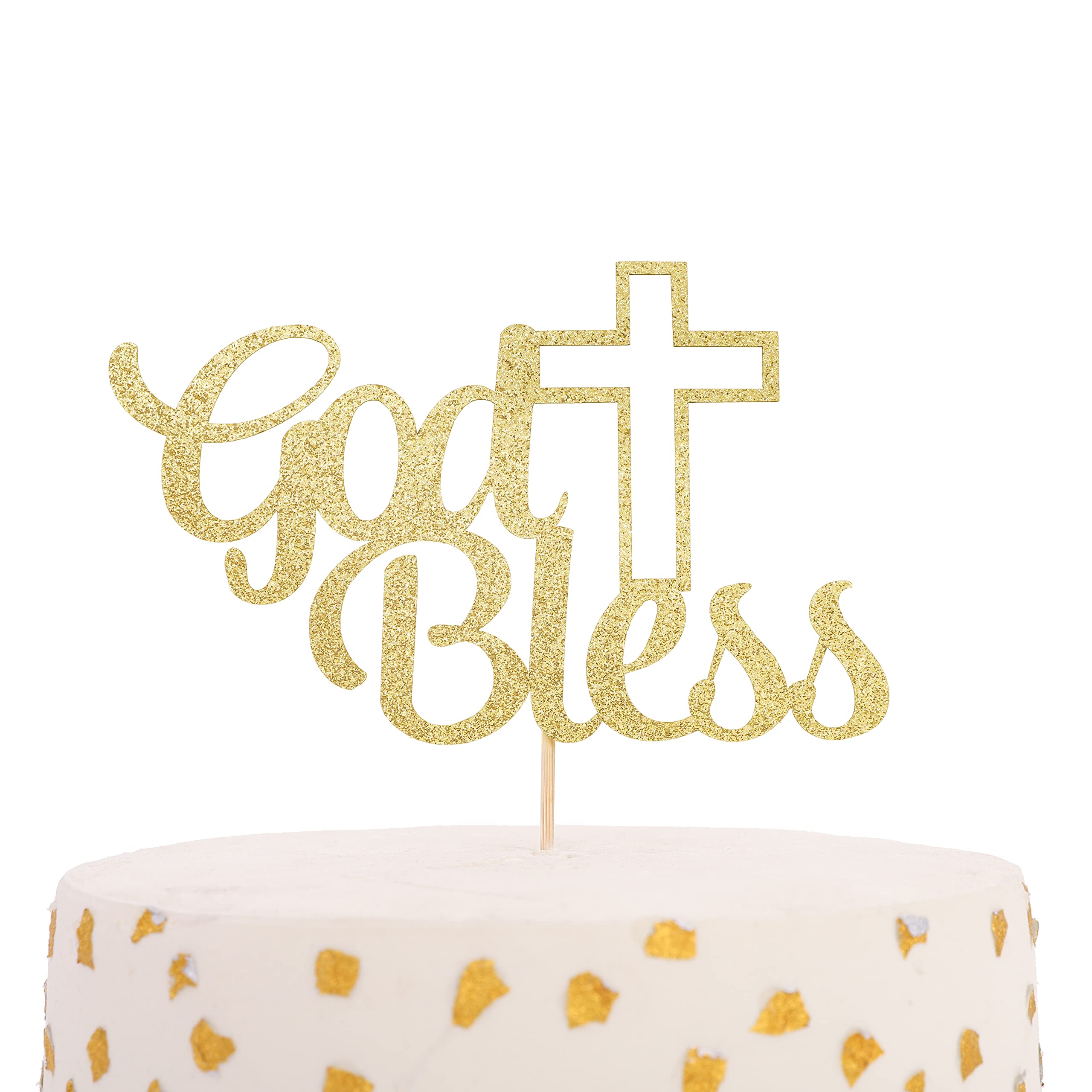 Golden Glitter God Bless Cake Topper - Baptism & First Communion Cake Decorations for Boys & Girls, Religious Cake Topper with Custom Name, Golden Glitter Cake Decor Supplies - Perfect for Baptism, Christening, First Holy Communion & Religious Celebrations