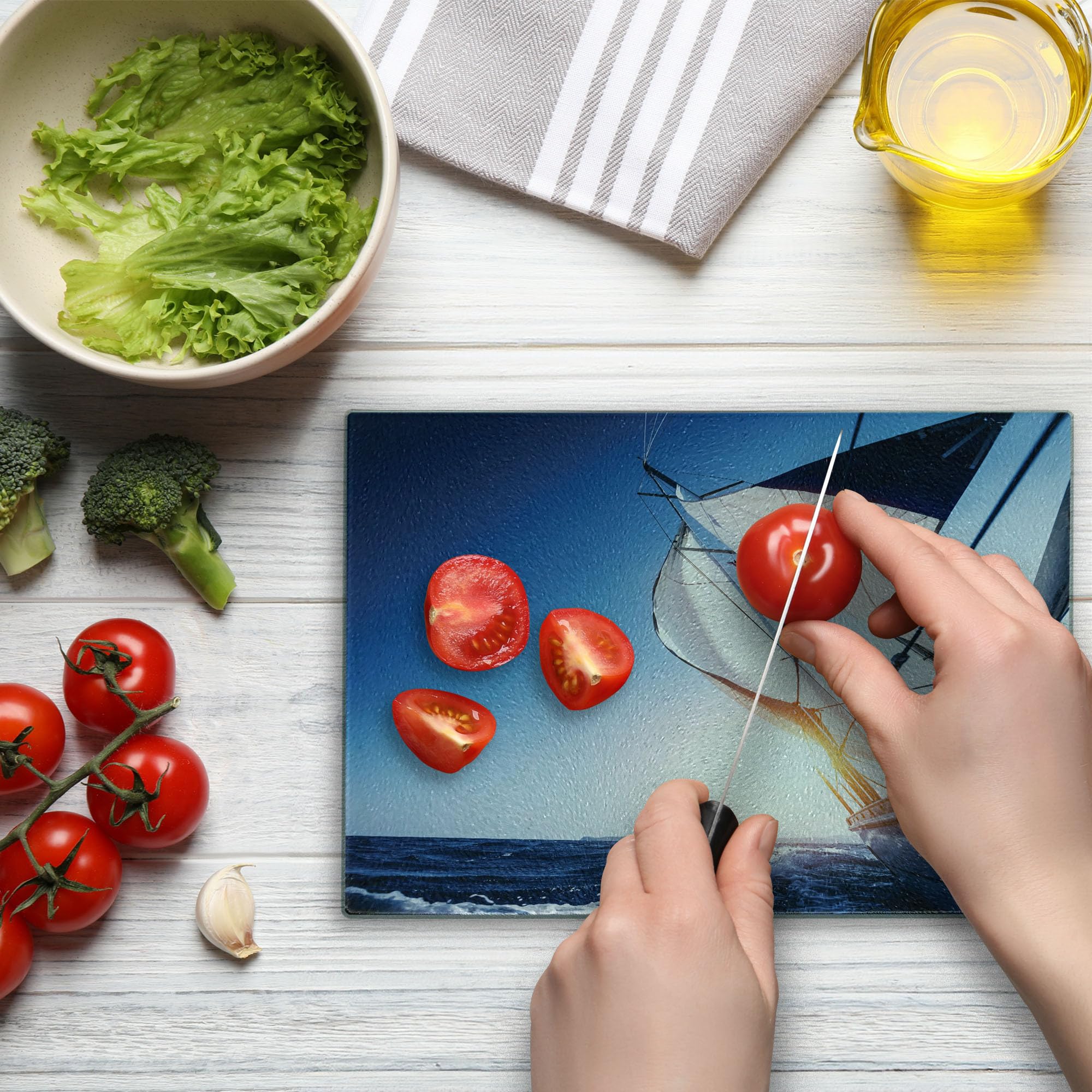 Ambesonne Sailboat Tempered Glass Cutting Board - Summer Adventure Sunset Print - Small White & Dark Blue Decorative Serving Board for Kitchen, Dining, and Party Use