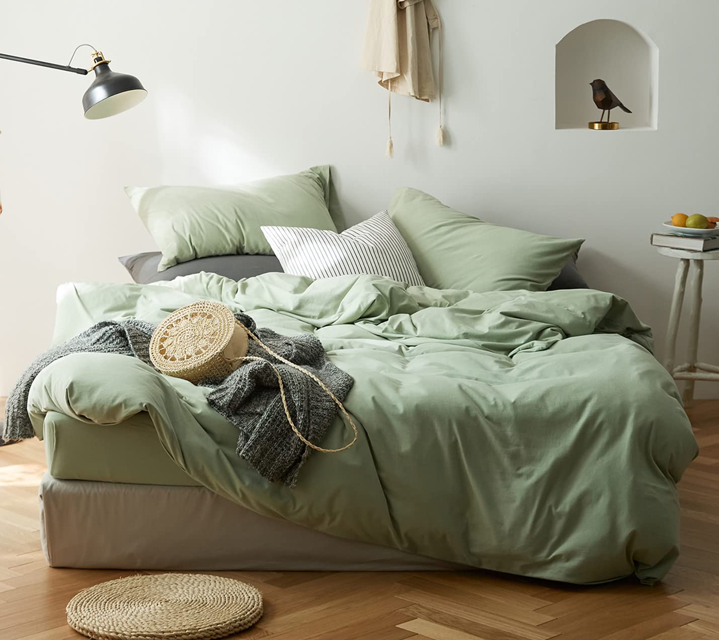 Pure Green King Size Duvet Cover Set - Soft Knitted Cotton Bedding, Modern Minimalist Aesthetic, 3-Piece Comforter Cover (Comforter Not Included) - Perfect for Master Bedroom, Guest Room & Cozy Home Decor