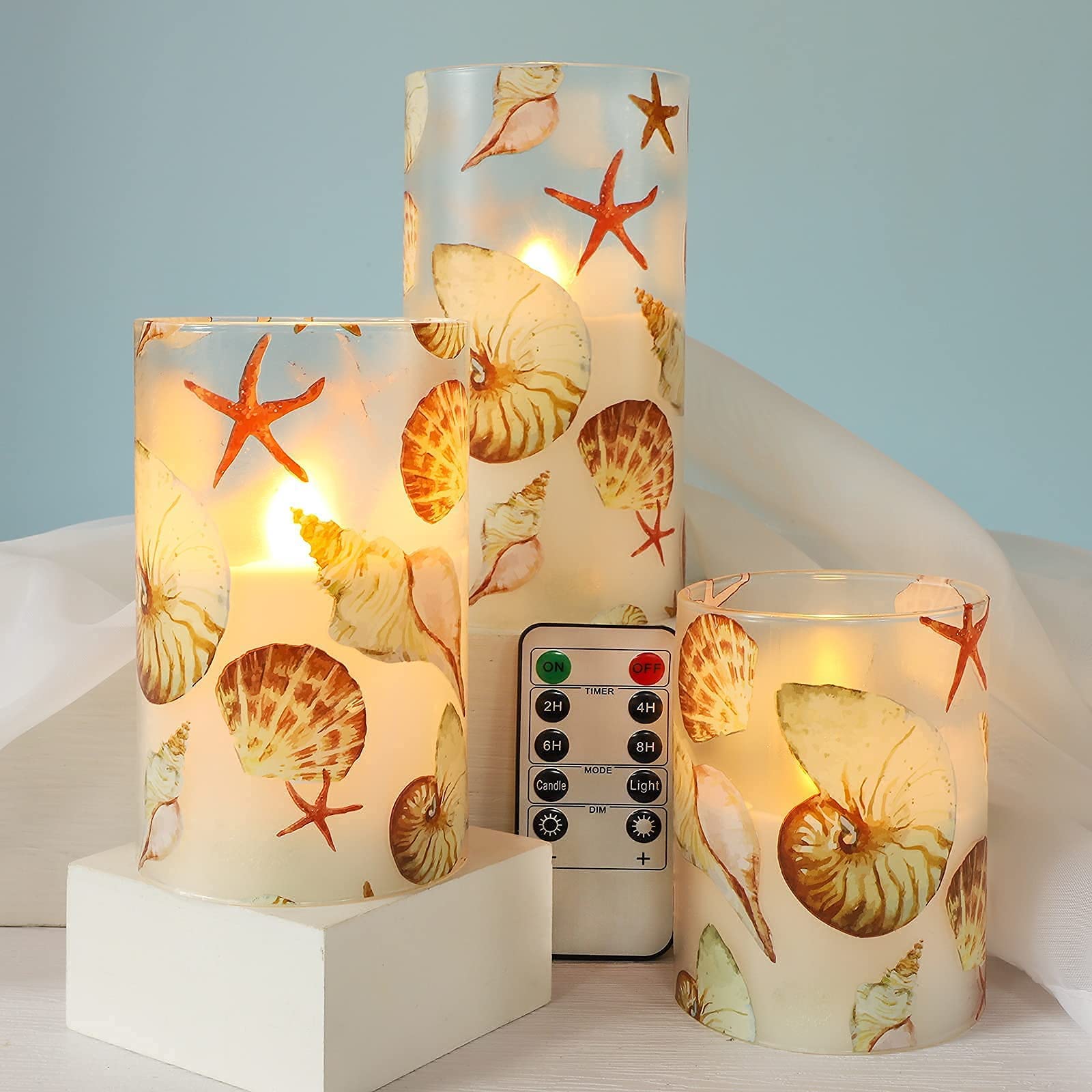Remote Control LED Battery Operated Candles Set of 3 - Real Wax Ocean Decor with Shell & Starfish for Fireplace, Christmas, Bedroom, Nautical Theme Party & Home Decor | Flameless Safe Lighting for Romantic Ambiance