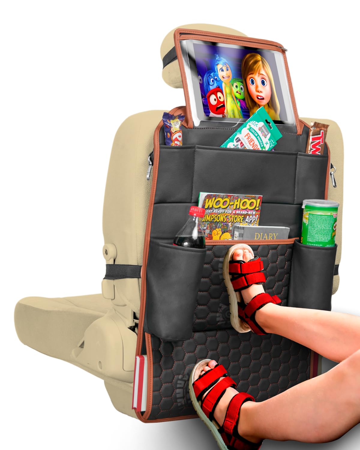 Car Seat Organizer for Backseat - Automotive Storage Organizer with Multiple Pockets for Kids Toys, Snacks & Essentials (Black, Brown, Tan) - Perfect for Road Trips & Family Travel