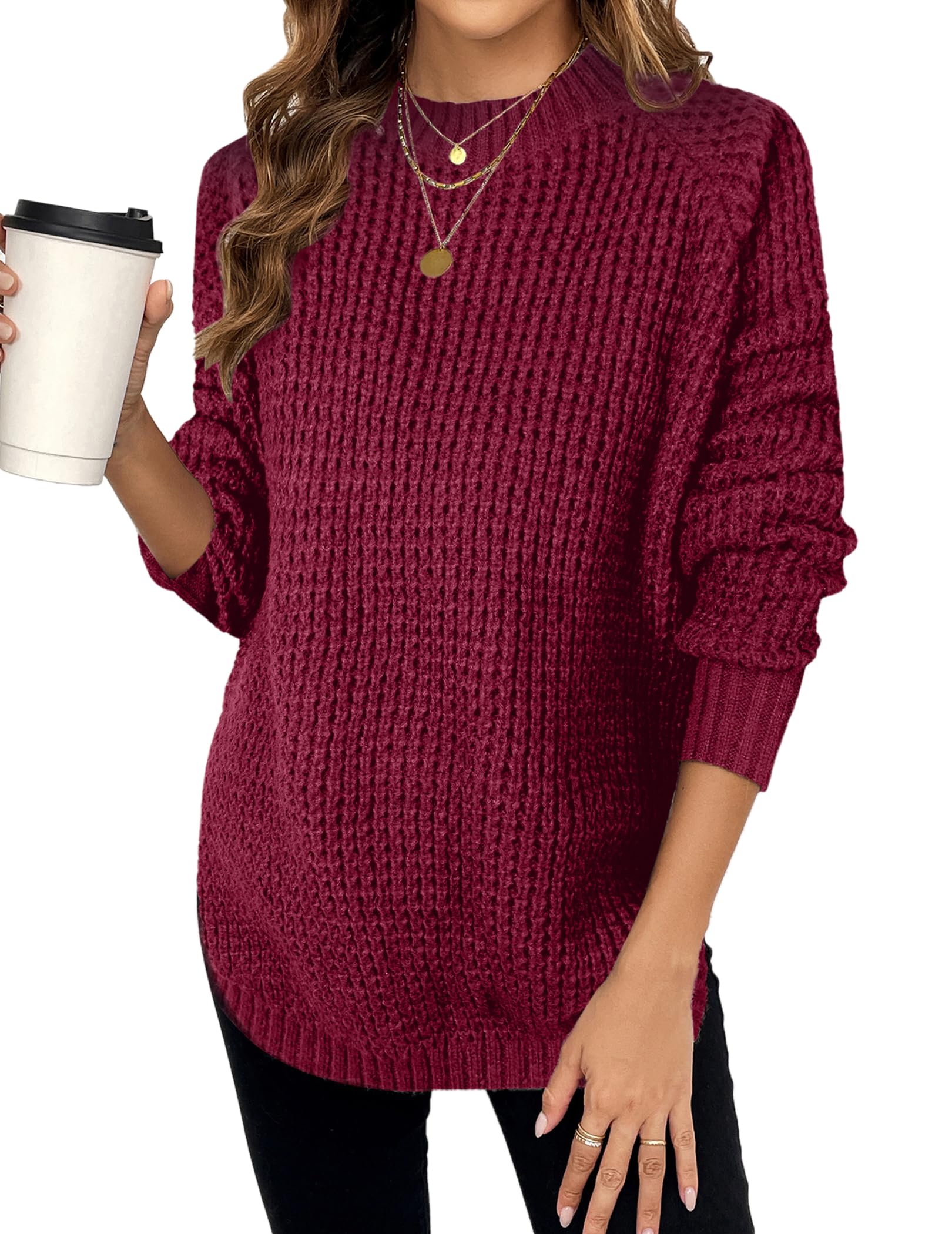 Women's Oversized Chunky Waffle Knit Long Sweater - Fall 2024 Cozy Crewneck Pullover - Dressy Casual Loungewear for Home, Office & Outings