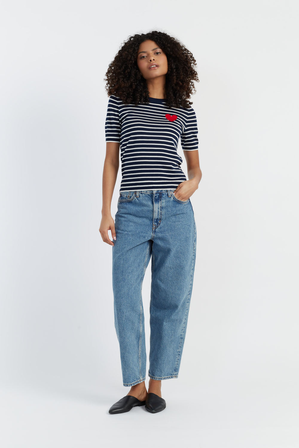 Navy Blue Merino Wool Heart Print Breton Stripe T-Shirt for Women - Soft & Comfortable Casual Wear for Everyday Outfits