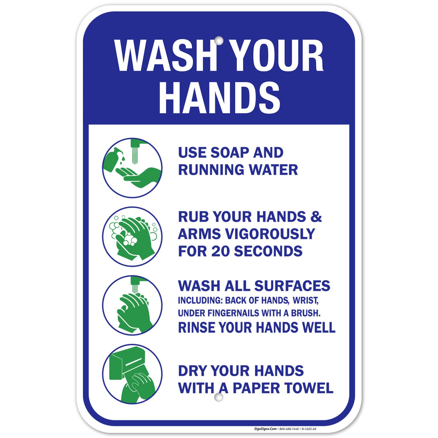 Hand Washing Sign - 12x18 Inches Rustproof Aluminum Hygiene Instruction Poster | Durable Fade-Resistant Bathroom & Kitchen Sign | Made in USA for Restaurants, Hospitals & Schools