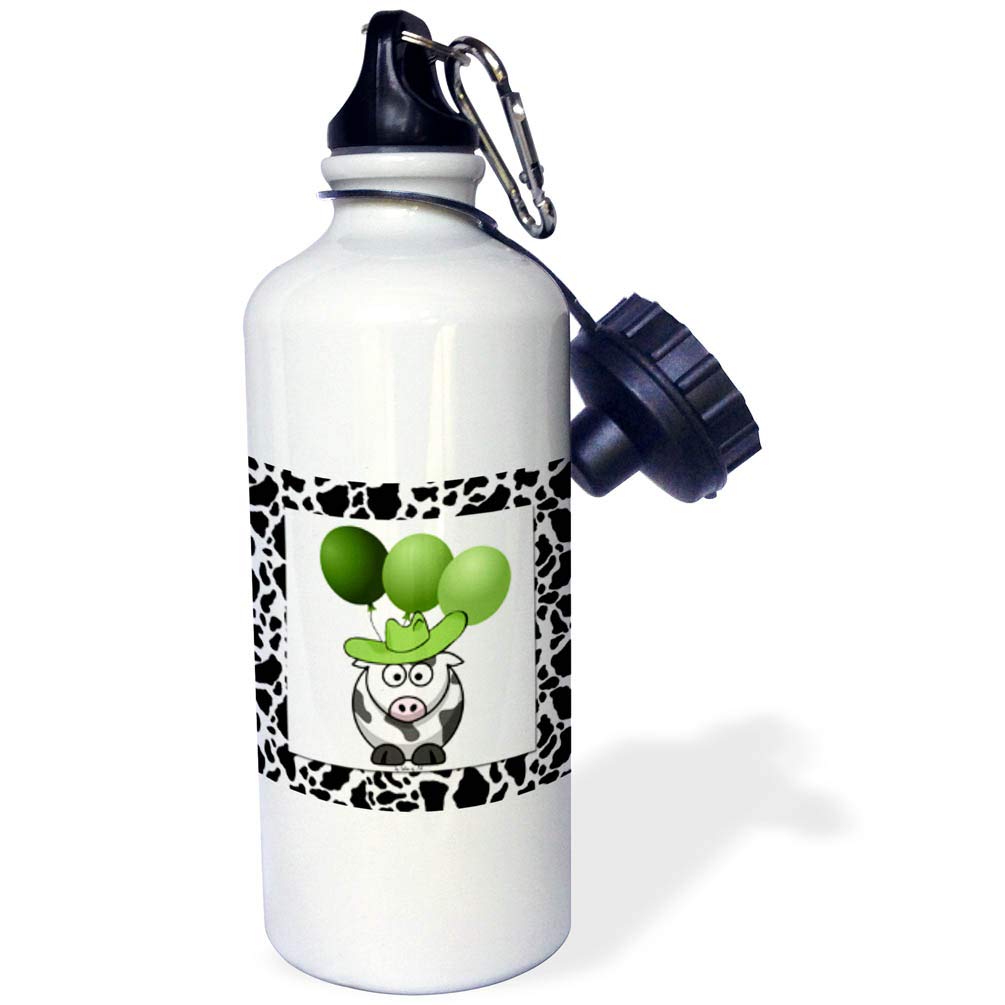 3D Rose Western Cow Print with Green Balloons 21oz Sports Water Bottle - Insulated Stainless Steel Gym Bottle for Running, Hiking & Workouts - BPA Free White Reusable Drinkware