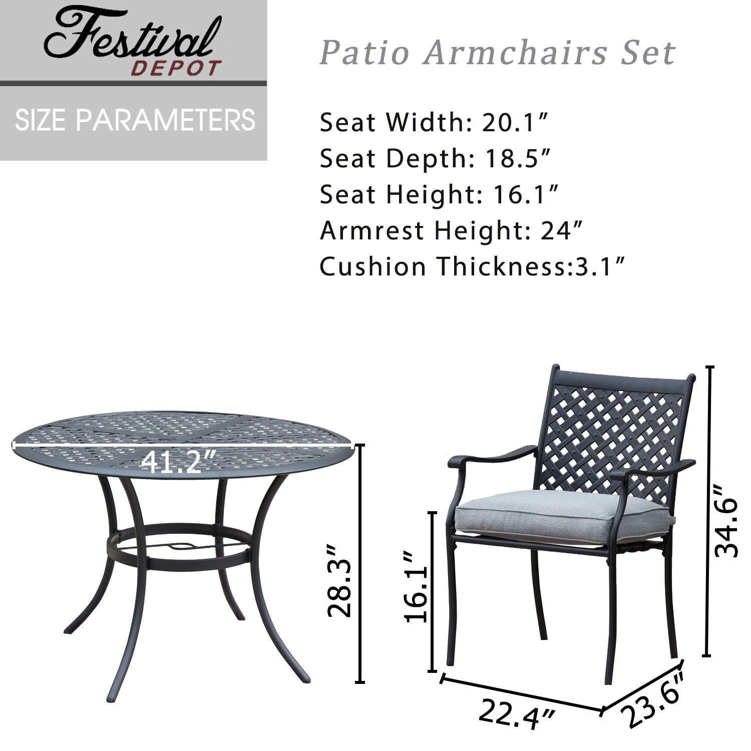 5-Piece Outdoor Patio Dining Set with Metal Chairs & Cushions, Round Iron Table with Umbrella Hole - All-Weather Garden Furniture for Deck, Backyard, Poolside (Grey) | Perfect for BBQs, Family Gatherings & Summer Entertaining