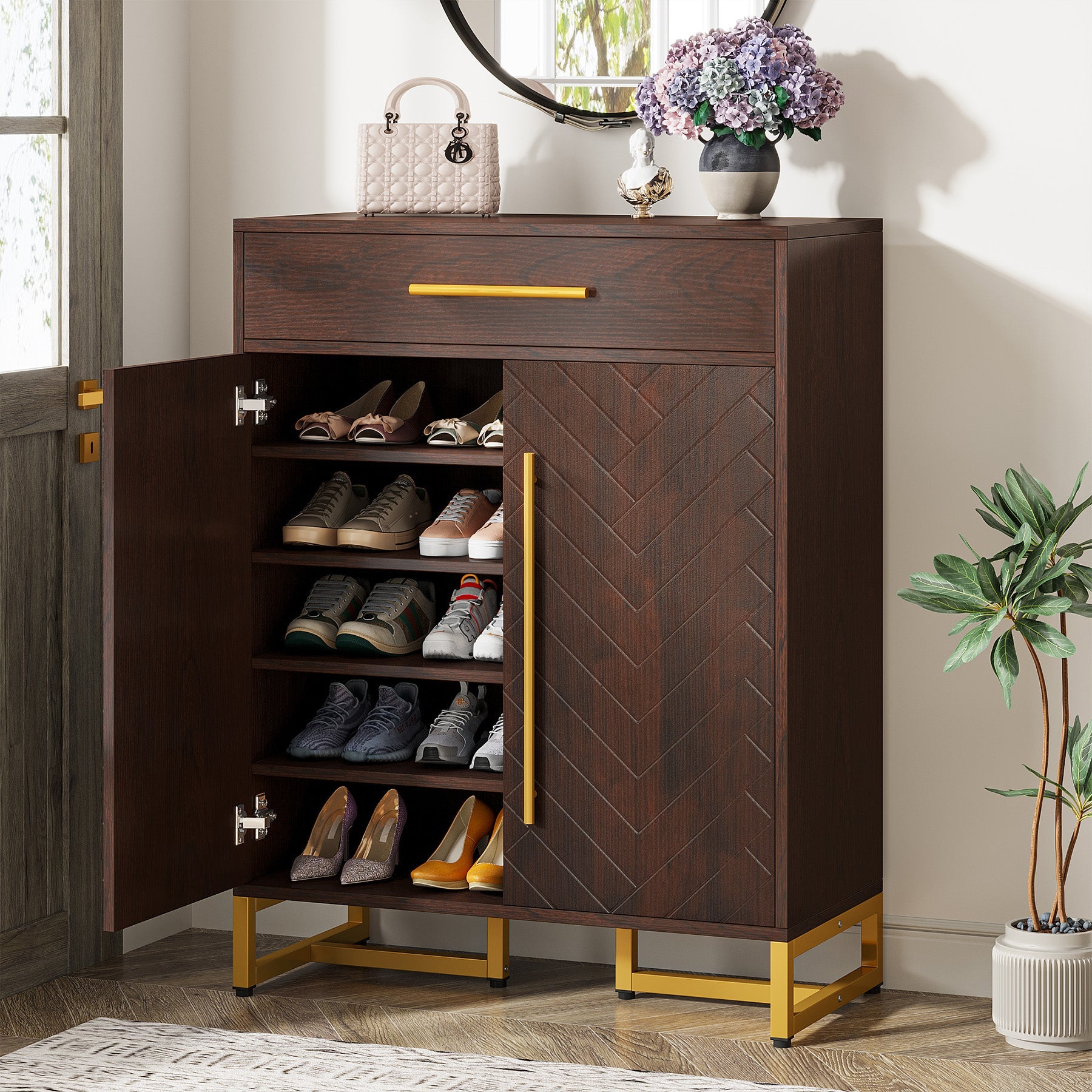 20 Pair Shoe Cabinet Organizer with Drawer & Adjustable Shelves - Space Saving Shoe Storage for Closet, Entryway, or Bedroom Organization