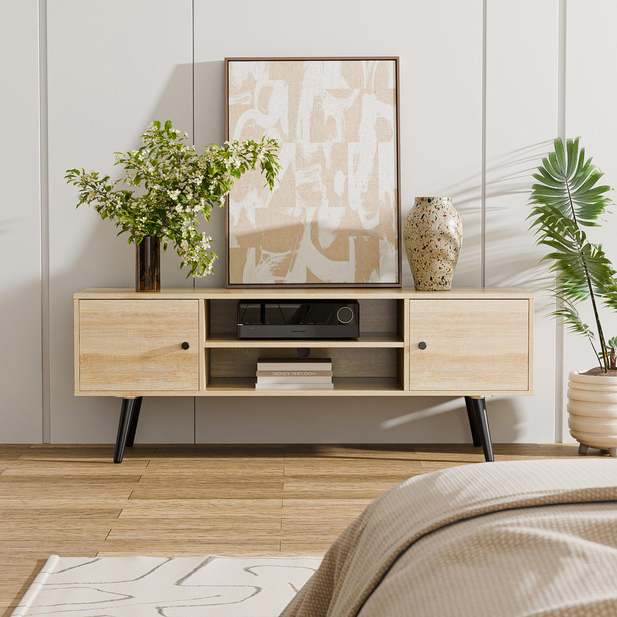 Mid Century Modern TV Stand for 55-60 Inch TVs - Cozy Castle Entertainment Center with Storage, Media Console Table for Living Room, Bedroom & Office - Perfect for Home Theater Setup and Stylish Home Decor