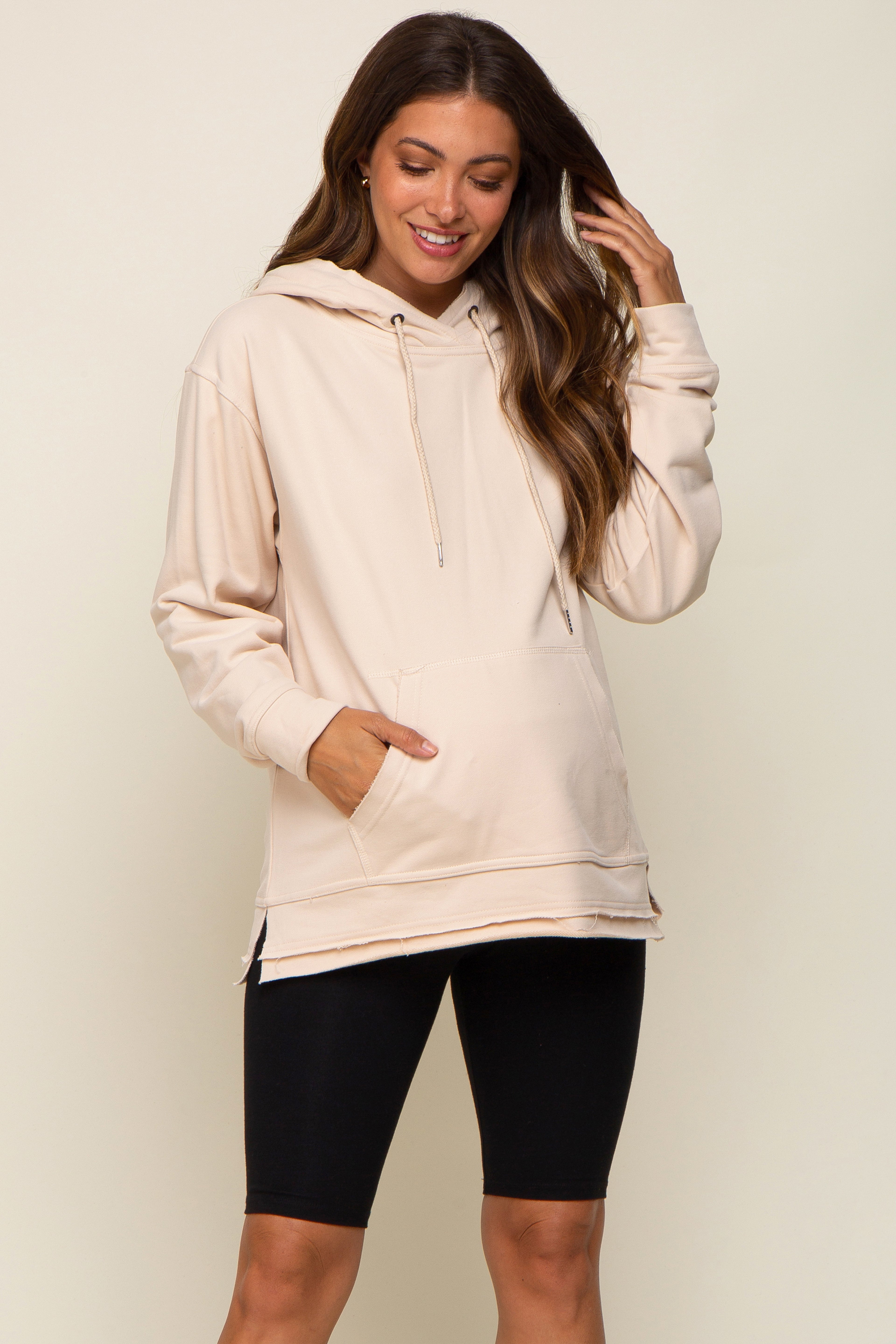 Beige Raw Hem Maternity Hooded Sweatshirt - Soft Cotton Oversized Pullover for Pregnant Women | Perfect for Casual Wear, Pregnancy Photos & Relaxing at Home