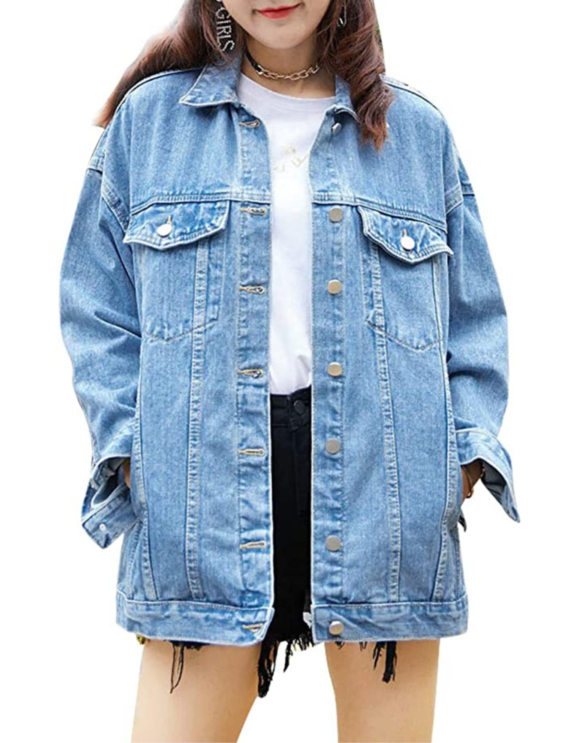 Himythe Women's Oversized Long Sleeve Denim Jacket with Rhinestone & Fringe Details - Stylish Distressed Jean Coat for Casual Outfits, Fall Layering & Boho Fashion