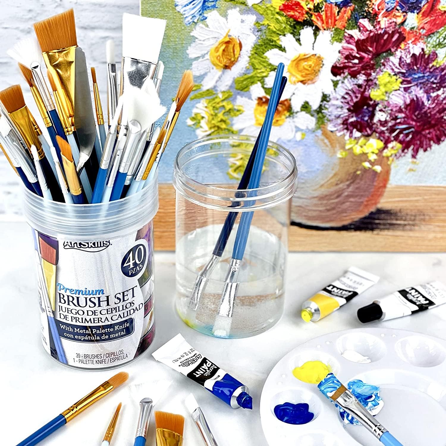ArtSkills 40-Piece Acrylic Paint Brush Set for Canvas Painting - Professional Artist Brushes with Palette Knife - Perfect for Acrylics, Oil, Watercolor & Craft Projects - Ideal for Beginners & Professional Artists