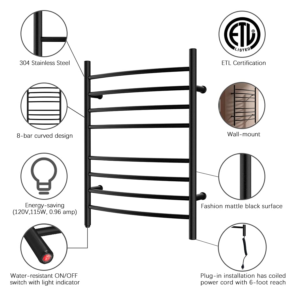 Heated Towel Warmer - 8 Bar Plug-in Bath Towel Heater & Drying Rack for Bathroom | Matte Black | Warm Towels for Spa, Hotel & Home Luxury