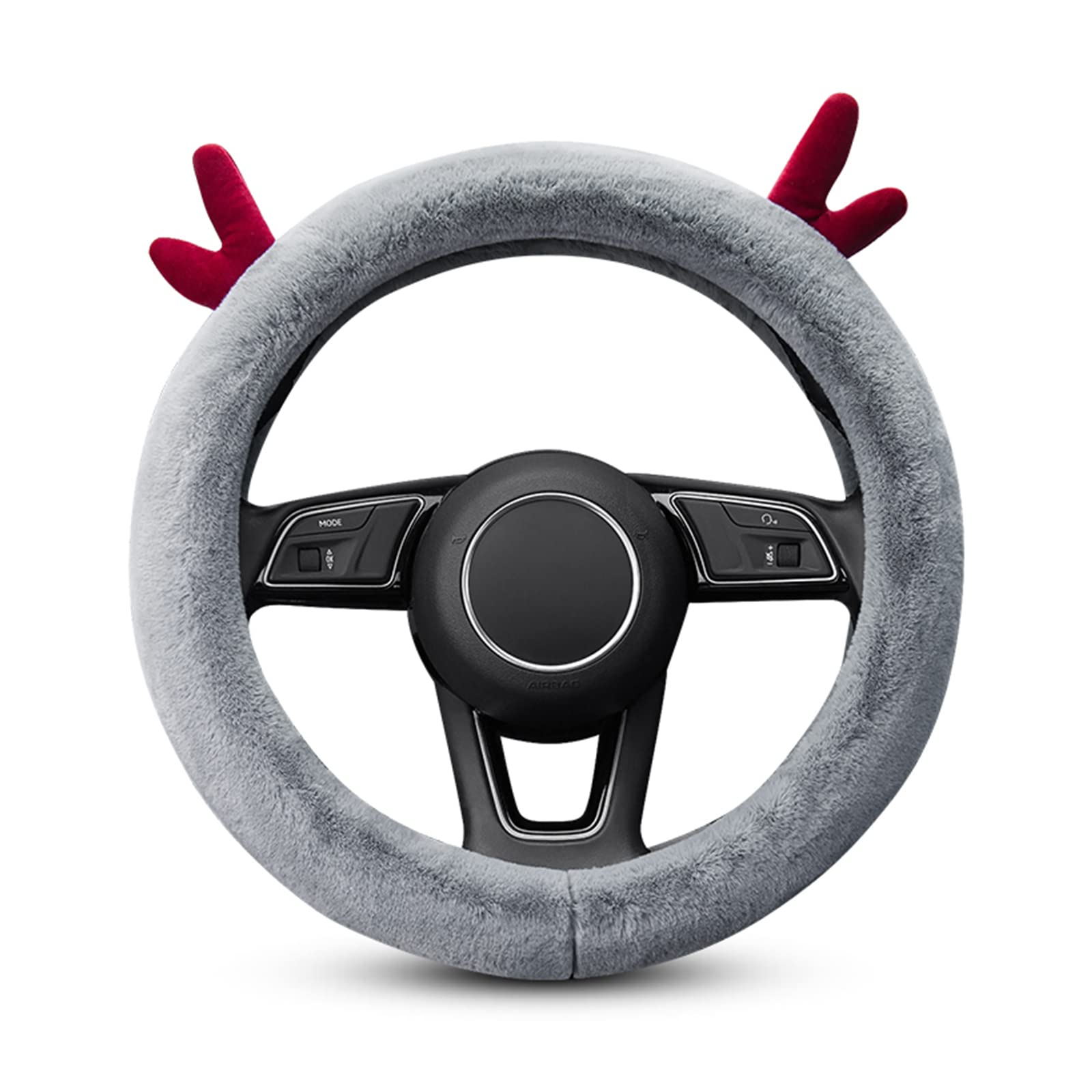 Ergocar Round Plush Steering Wheel Cover - Soft Anti-Slip Winter Car Accessory with Cute Cartoon Antler Design, 15 Inch (38cm) Grey - Perfect for Cold Weather Driving & Stylish Car Interior Upgrade