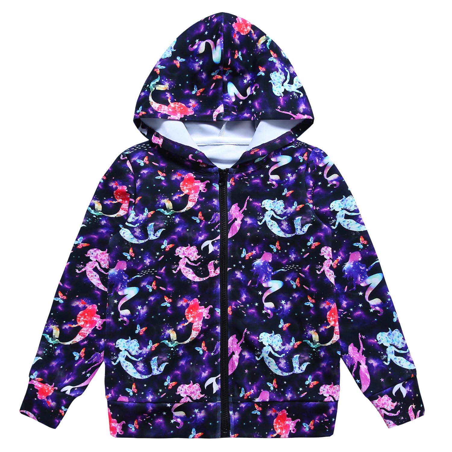 Girls Unicorn & Cat Print Zip Up Hoodie Jacket with Pockets - Cute Pullover Sweatshirt for School, Playdates & Outdoor Activities