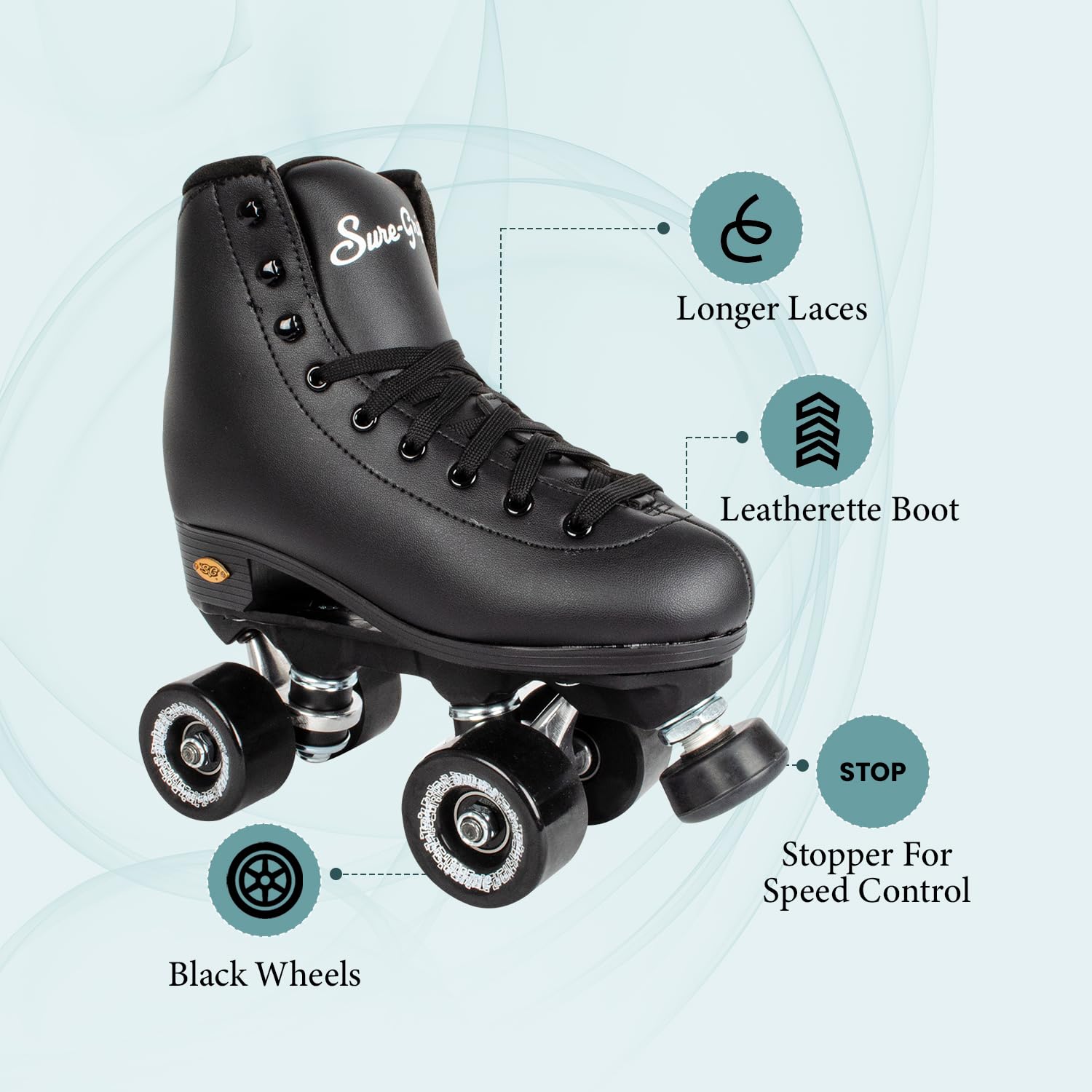 Sure Grip Fame Premium Roller Skates for Men & Women - Black Leatherette Indoor/Outdoor Skates with Double Structure & Stronger Grip - Extra Long Laces Included - Perfect for Beginners & Recreational Skating - Great for Rinks, Parks & Fitness