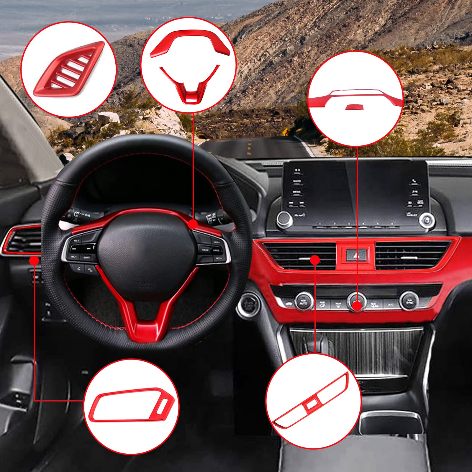 Premium ABS Car Interior Trim Kit - 10Pcs Dashboard Panel, Center Console & Air Vent Covers for 2018-2022 Honda Accord 10th Gen (EX, EX-L, LX) - Red | Interior Upgrade & Protection Accessories for Sedan Cars