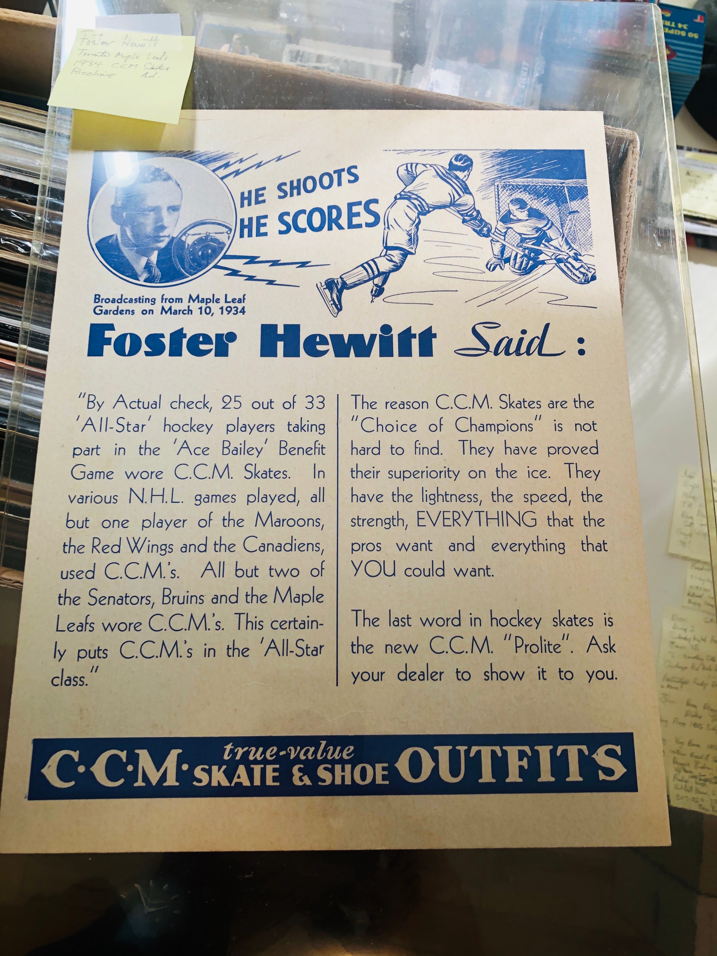 Vintage CCM NHL Hockey Stick Signed by Foster Hewitt - Rare 1933 Collectible for Hockey Fans & Memorabilia Enthusiasts - Perfect for Display, Gifts & Sports Memorabilia Collections