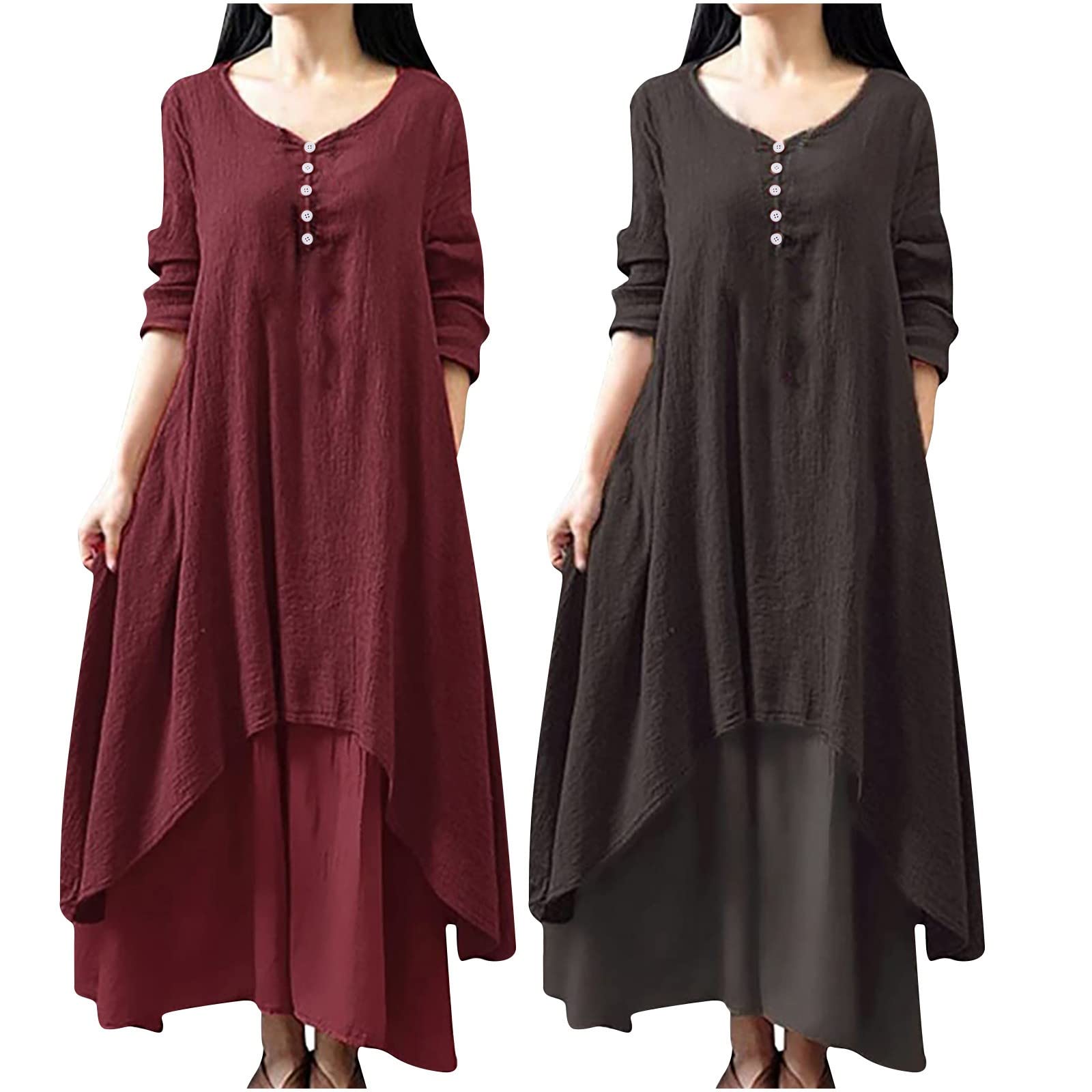 RKSTN Women's Plus Size Cotton Linen Maxi Dress - Summer Half Sleeve Button Down Boho Layered Long Dress for Casual Wear, Beach & Vacation