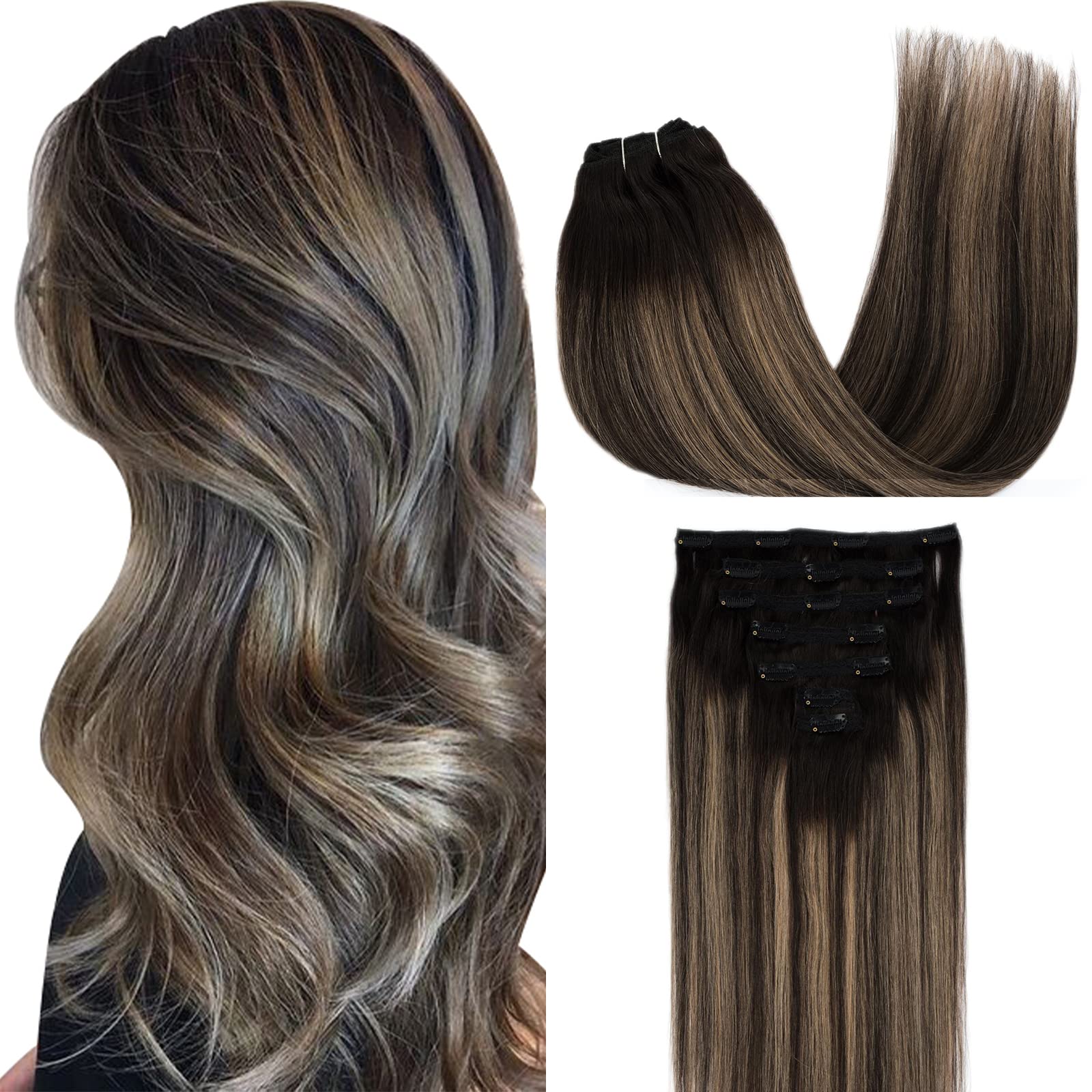 20Inch Clip in Human Hair Extensions - Ombre Natural Black to Honey Ash Blonde 120g 7pcs for Women | Straight Real Hair Extensions for Short Hair | Perfect for Daily Styling, Parties & Special Occasions