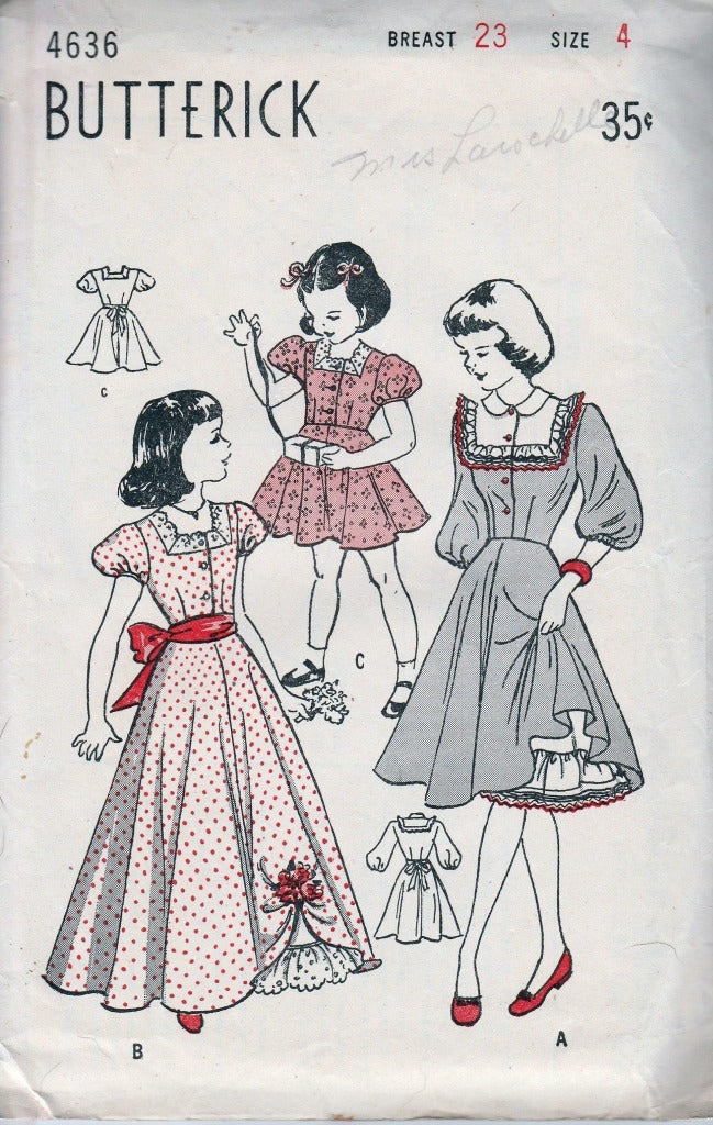 Vintage Little Girls Dress Gown Sewing Pattern - Butterick 4636 with Petticoat, 1940s Retro Costume for Tea Parties & Historical Reenactments