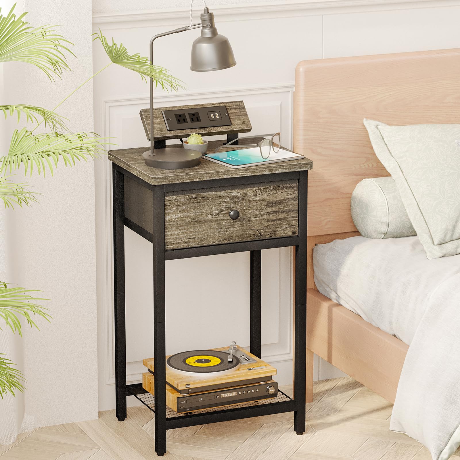 Fixwal Nightstands Set of 2 with Charging Station - USB Ports & Outlets, Bedside End Tables with Fabric Drawer for Bedroom, Living Room - Perfect for Charging Devices & Organizing Essentials (Greige)