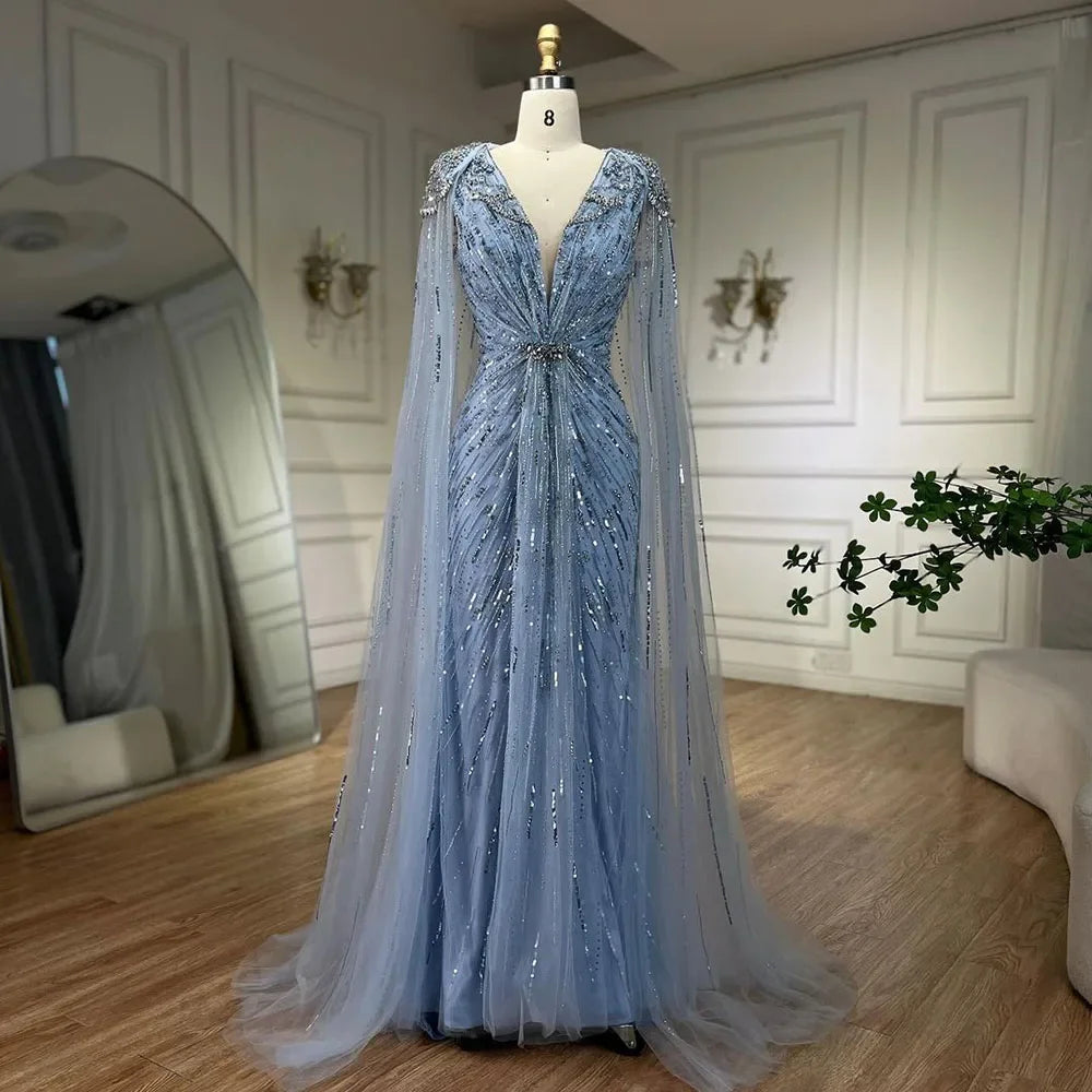 Elegant Turquoise Mermaid Beaded Evening Gown with Detachable Cape - LA72168A | Perfect for Prom, Gala, Wedding & Formal Events
