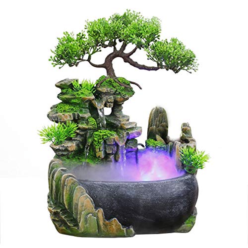 WSSBK Feng Shui Desktop Waterfall Fountain with Color-Changing LED Lights - Office Wealth Decor, Home Meditation & Relaxation Water Feature