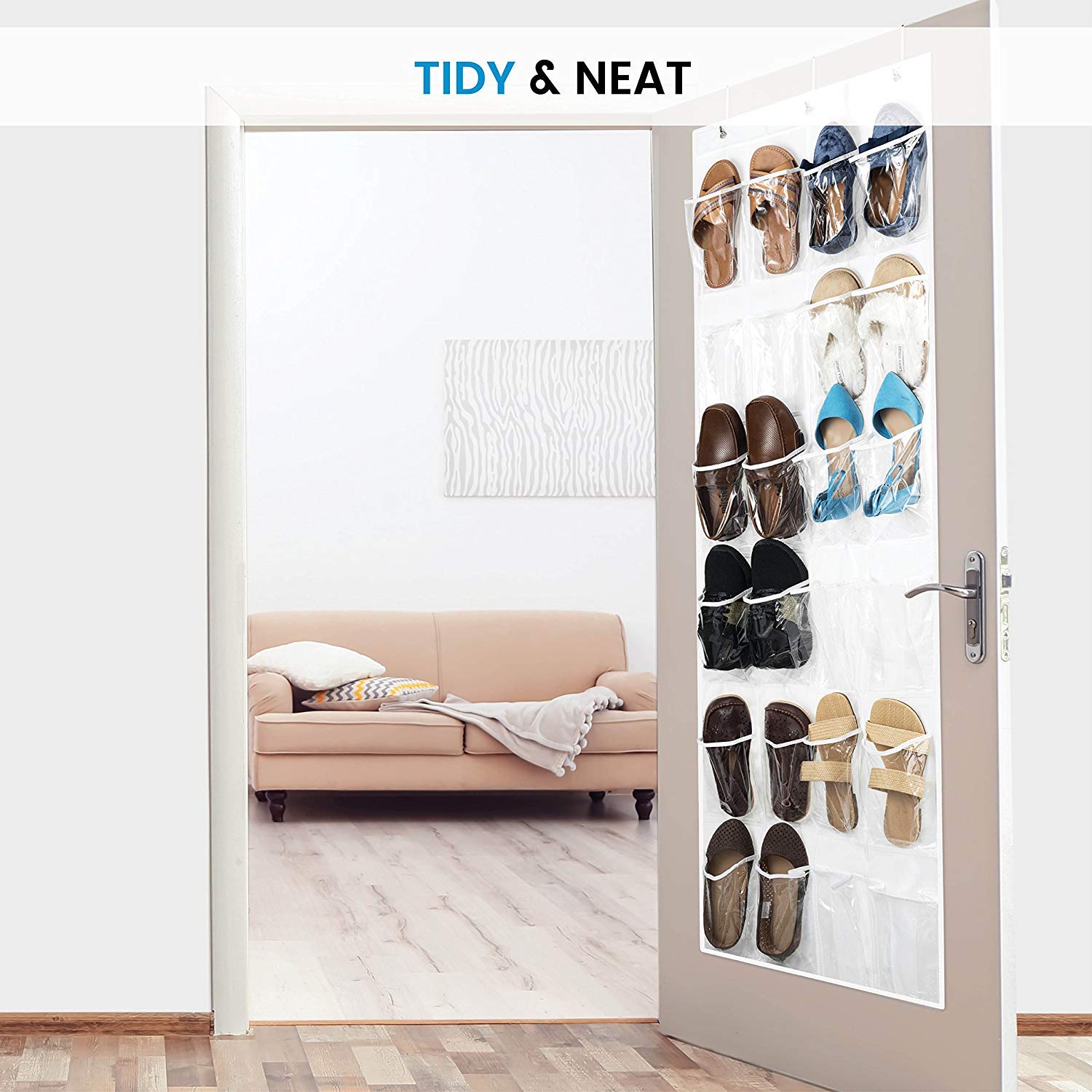 ZOBER Over the Door Shoe Organizer with 24 Mesh Pockets - Space Saving Hanging Storage for Shoes, Towels, Toys & Pantry Items - Perfect for Closet, Bedroom and Bathroom Organization