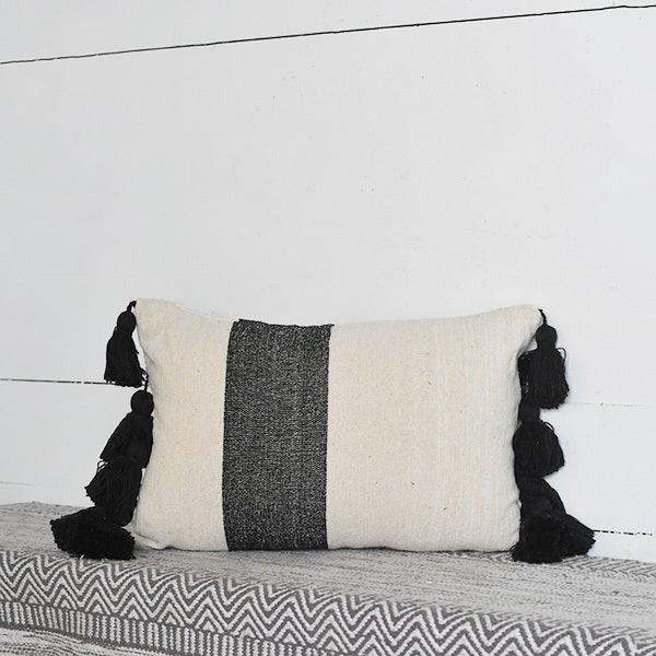 Black and White Tassel Pillow - Decorative Throw Pillow for Sofa, Bed & Home Decor - Soft Bohemian Style Cushion for Living Room, Bedroom & Dorm
