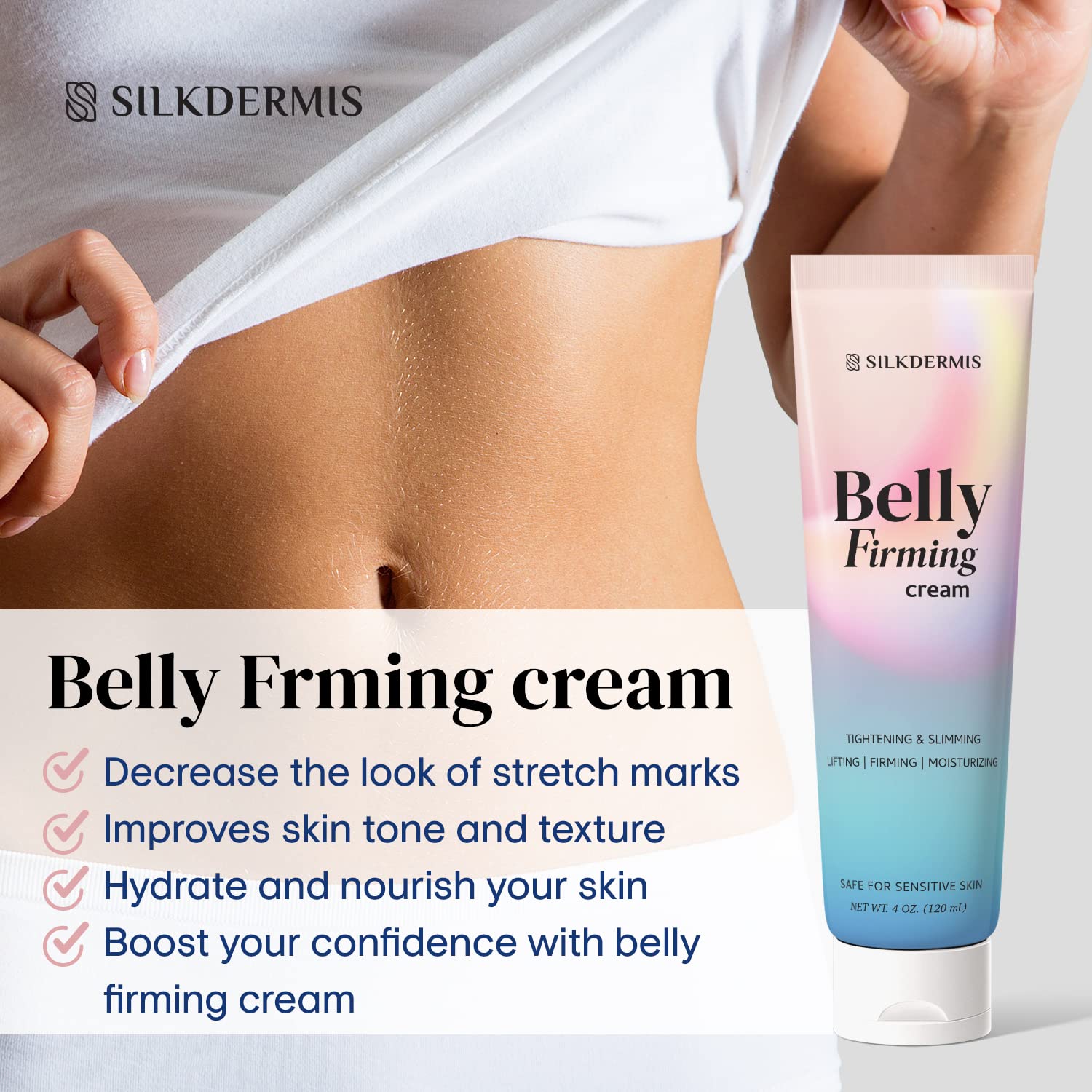 B Flat Belly Firming Cream - Skin Tightening & Cellulite Treatment for Stomach, Thighs & Buttocks | Moisturizing Firming Lotion with Natural Ingredients | 120ml | Perfect for Post-Pregnancy, Weight Loss & Body Contouring