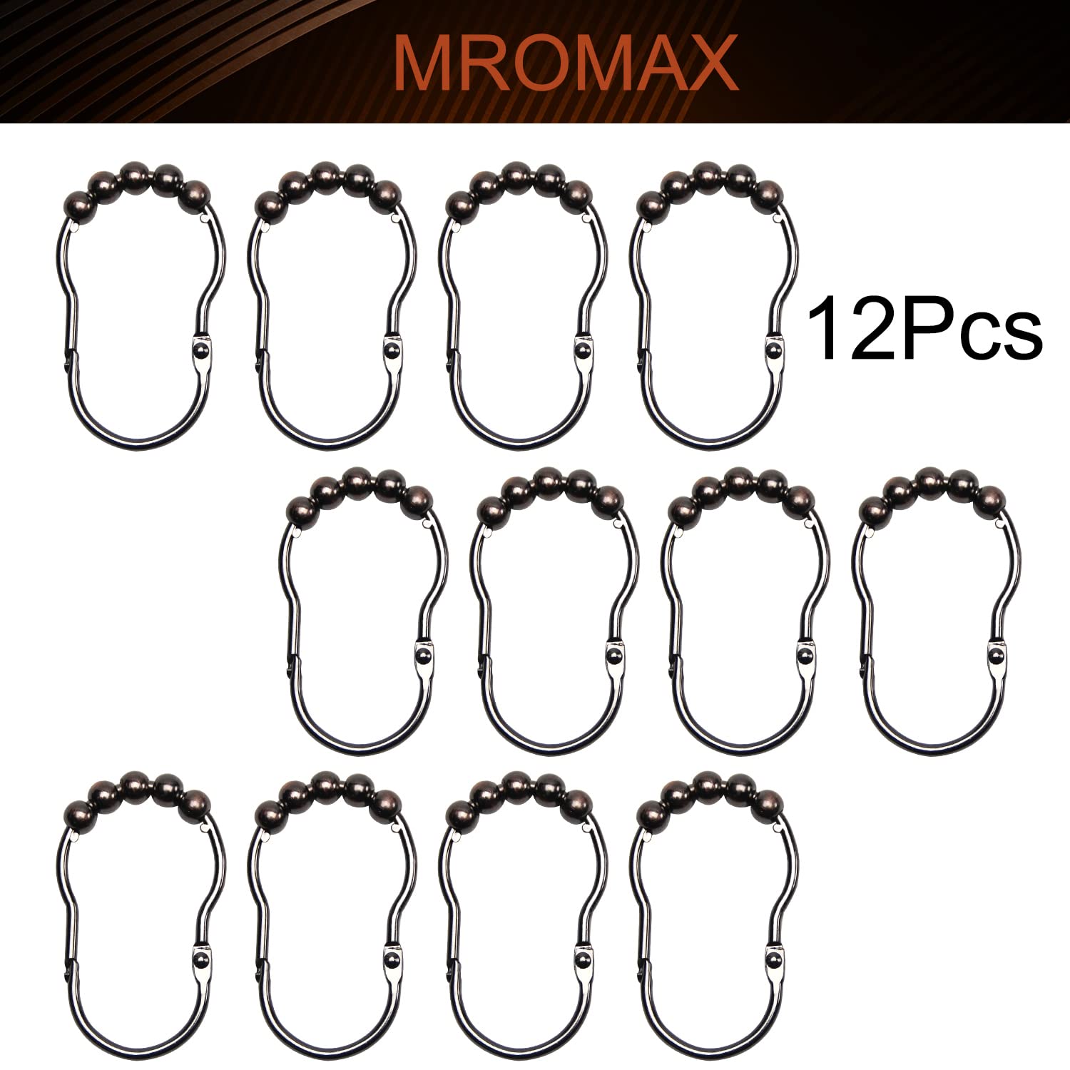MroMax 12-Pack Black Metal Shower Curtain Rings with Hooks - Rustproof Bathroom Curtain Hangers for Shower Rods & Liners - Perfect for Bathroom, Dorm, Apartment, and Hotel Use