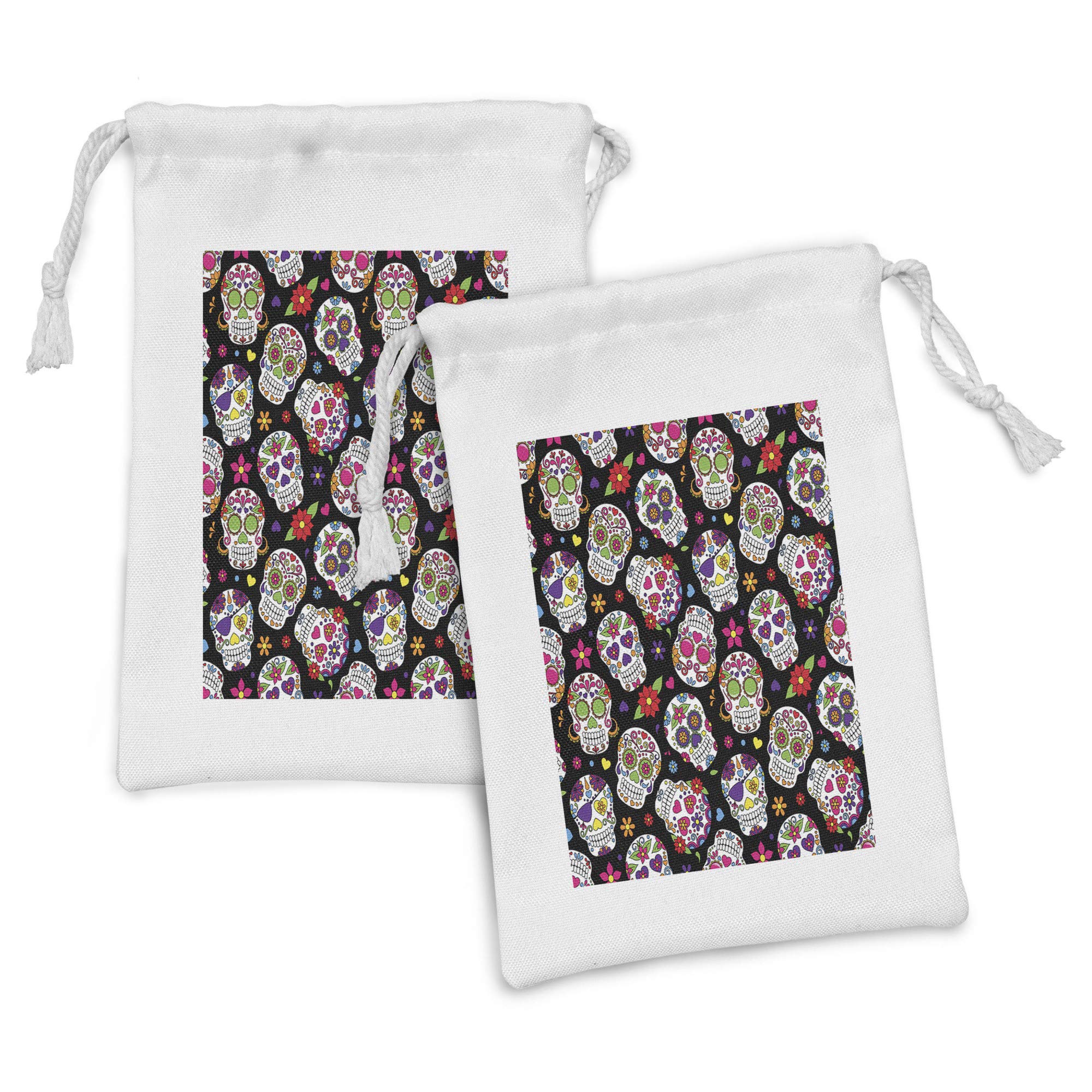 Ambesonne Sugar Skull Fabric Pouch Set of 2 - Mexican Day of the Dead Graveyard Design on Black - Small Drawstring Bags for Toiletries, Makeup, Jewelry & Party Favors (9