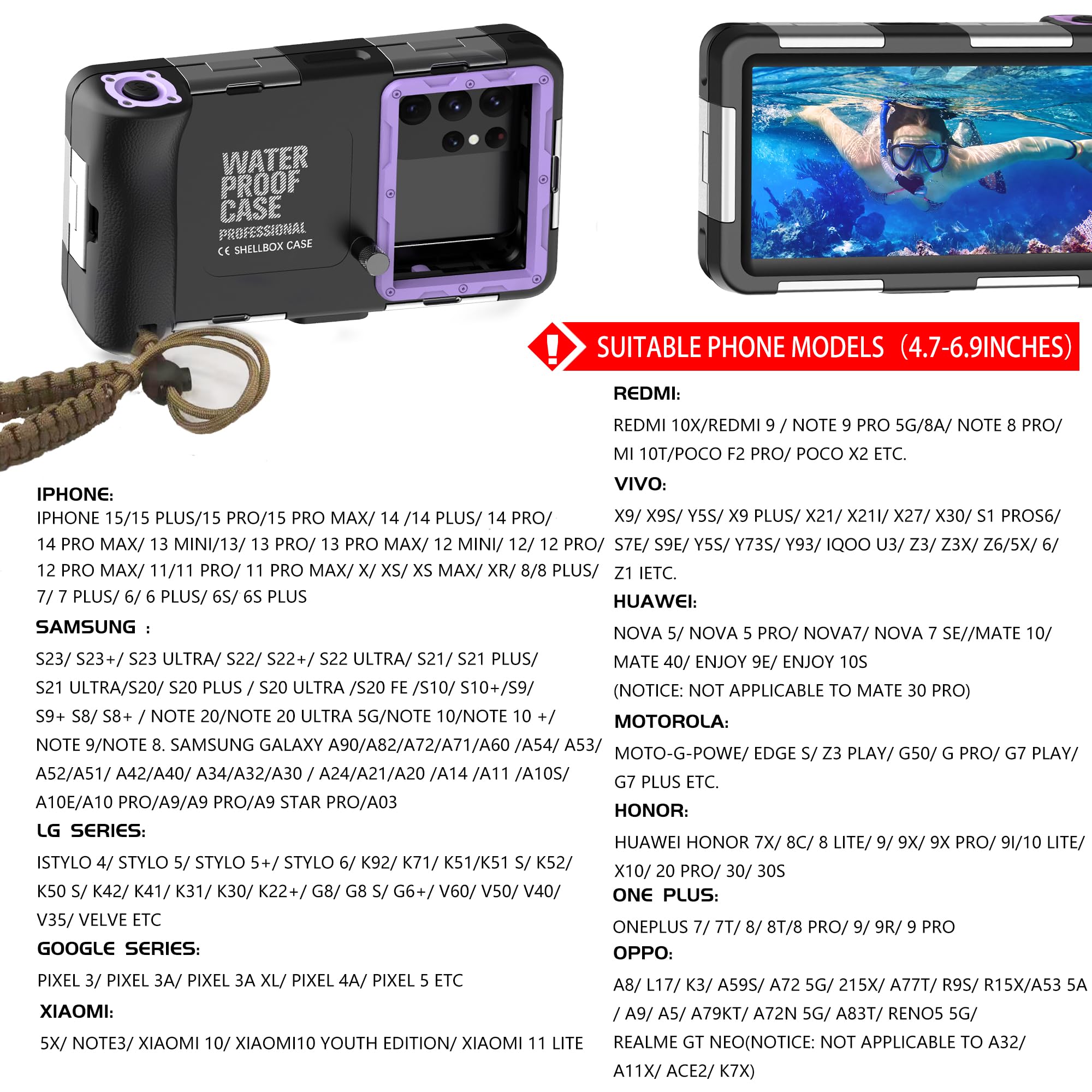**Universal Waterproof Phone Case for Diving & Snorkeling - Underwater iPhone 16/15/14/13/12/11/Pro Max & Samsung Galaxy S24/S23/S21/Ultra - Purple with Lanyard - Perfect for Scuba, Swimming & Capturing Photos/Videos**