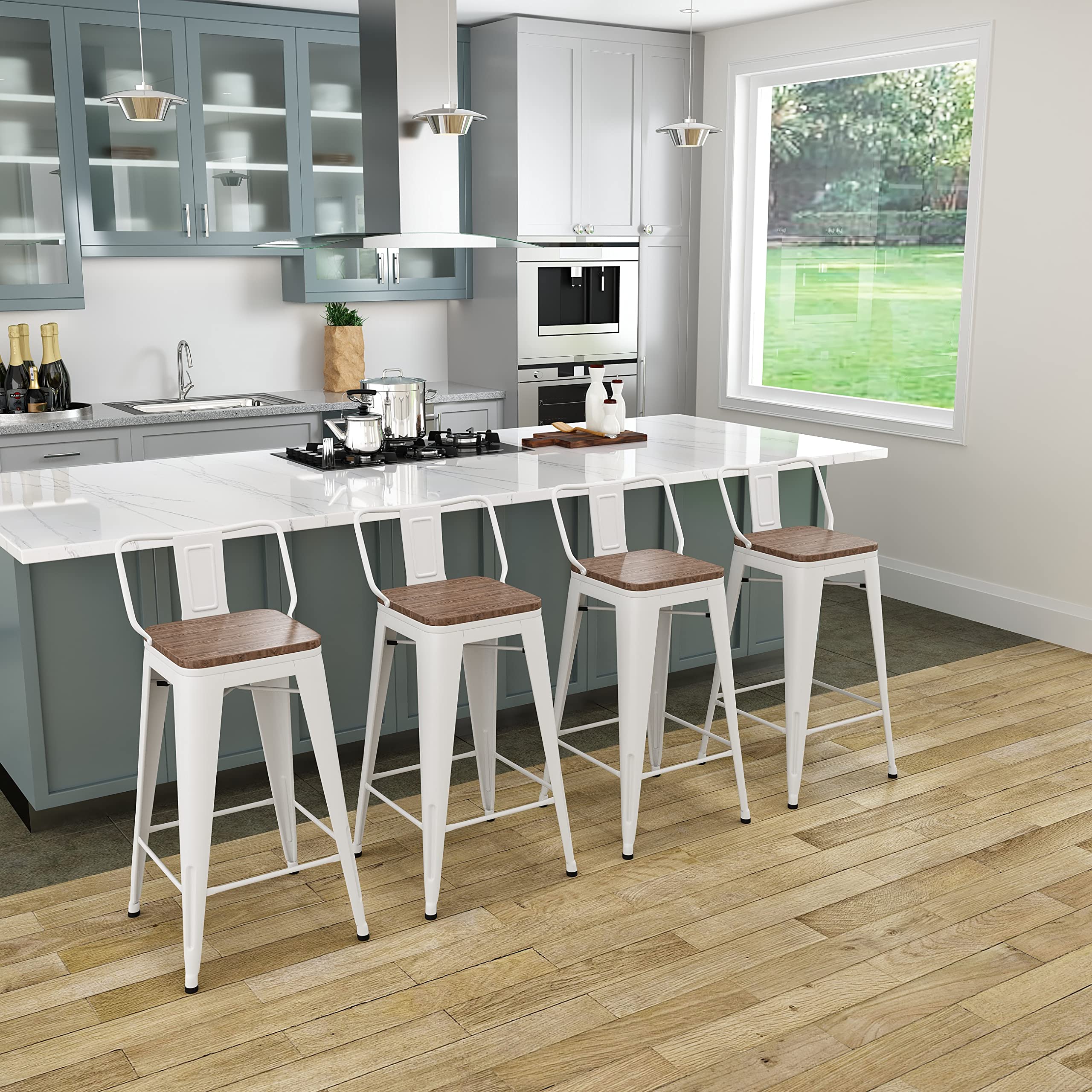 Industrial Metal Bar Stools Set of 4 - 26 Inch Counter Height Barstools with Wood Top & Back Support - Modern White Cream Kitchen Island Stools for Dining, Home Bar & Restaurant Use