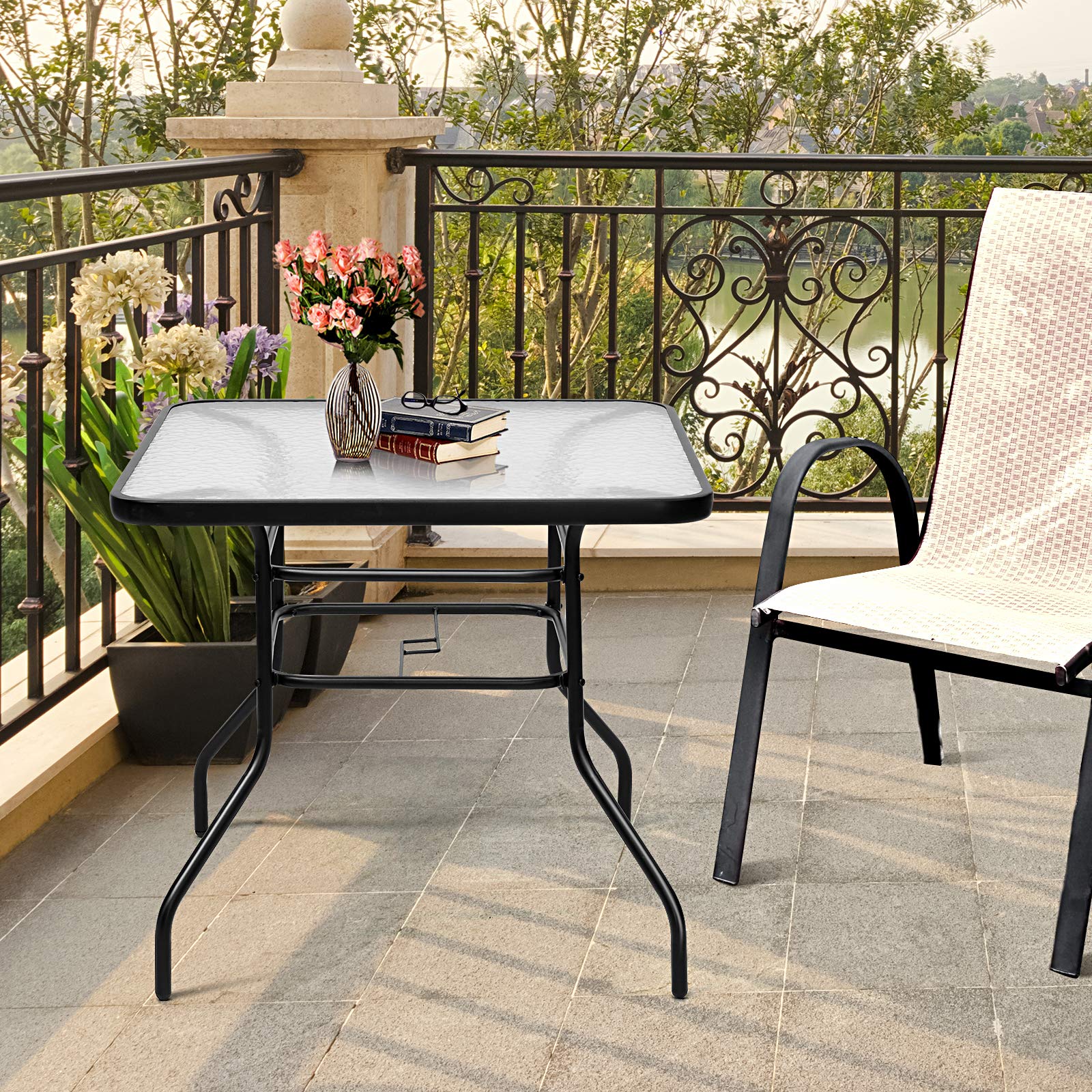 Premium Outdoor Bistro Table with Umbrella Hole & Tempered Glass Top - 32