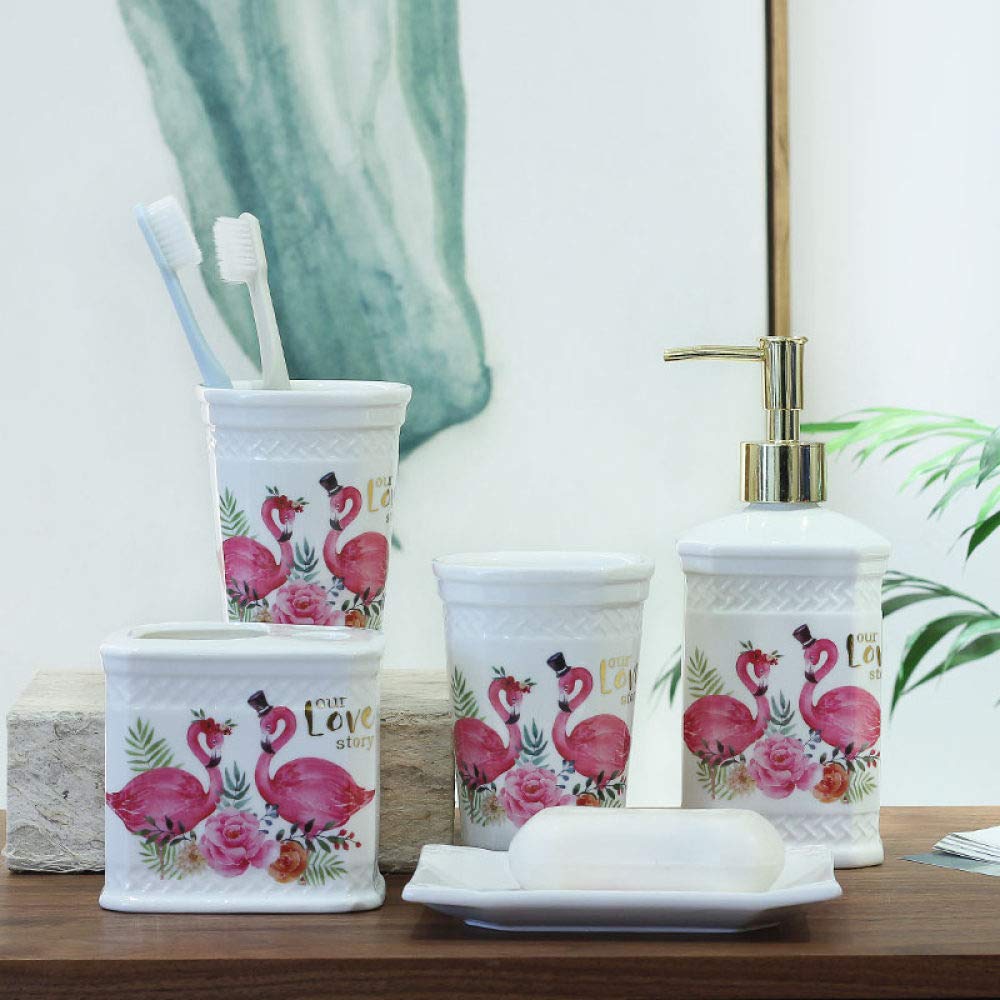 Vintage Ceramic Bathroom Accessory Set - Pink Flamingo Decor with Soap Dispenser, Toothbrush Holder, Soap Dish & 2 Tumblers | Home & Hotel Vanity Decor for Bathroom, Toilet & Guest Room