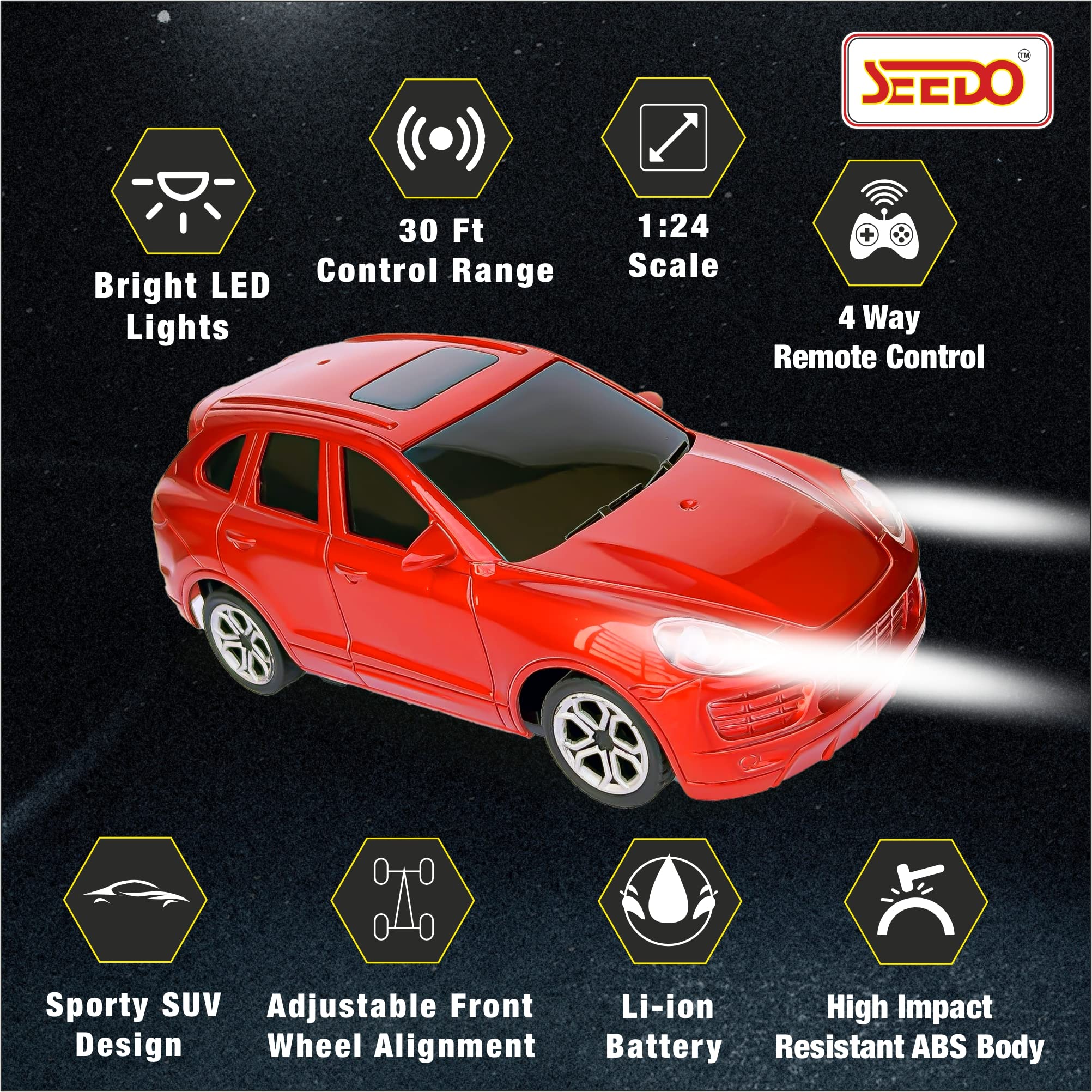 SEEDO 1:24 Scale Rechargeable RC Car Toy - Metallic Anti-Scratch, Impact Resistant Body with LED Lights - Fast Remote Control Vehicle for Kids Ages 8+ (Red) | Perfect for Indoor Racing, Birthday Gifts & Outdoor Play