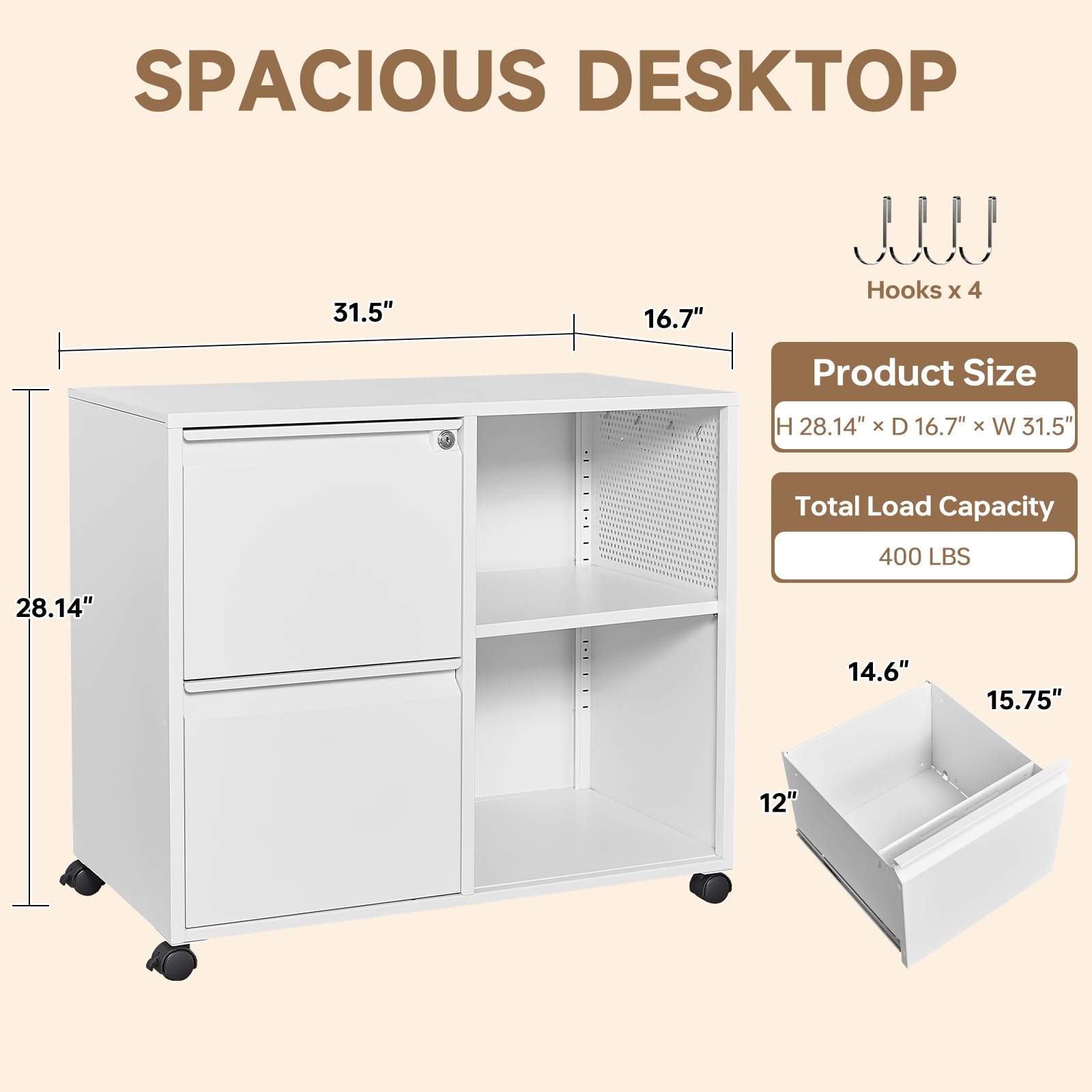 2-Drawer Mobile File Cabinet with Lock - Adjustable Shelves for Letter, A4 & Legal Size - White Lateral Filing Cabinet for Home Office Organization | Perfect for Document Storage & Workspace Organization