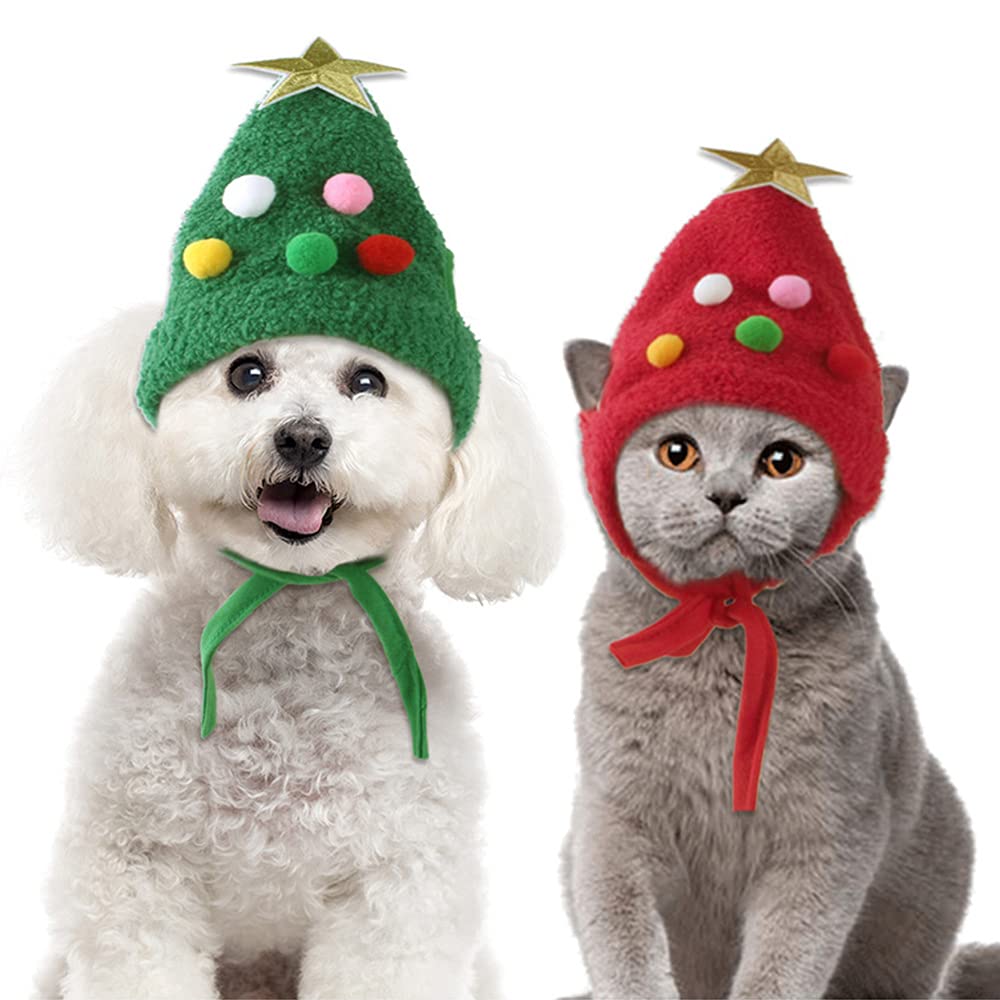 2PCS Christmas Pet Hats for Dogs & Cats - Festive Tree-Shaped Headwear with Red & Green Colors | Perfect for Holiday Photos, Xmas Parties & Pet Costume Fun