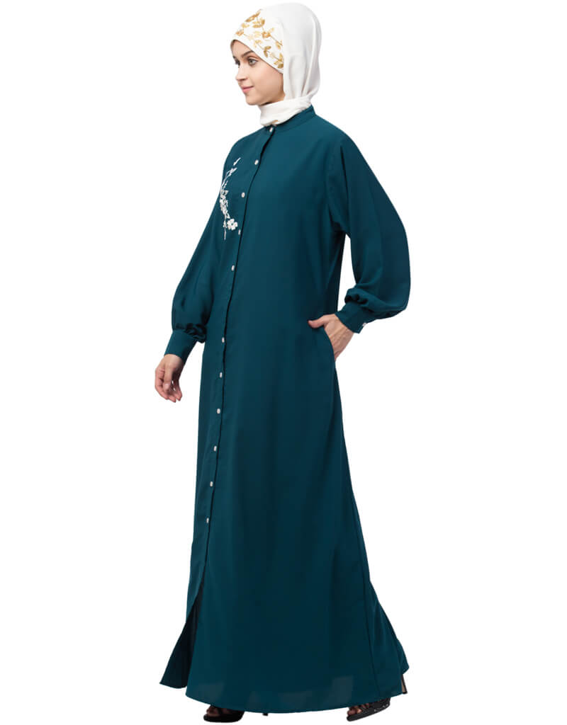 Elegant Teal Arabic Front Open Side Embroidered Contrast Button Abaya Dress for Women - Perfect for Eid, Weddings & Special Occasions